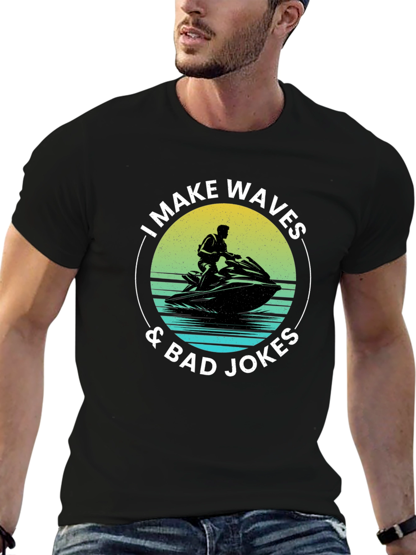 Black I Make Waves & Bad Jokes T-Shirt view 6