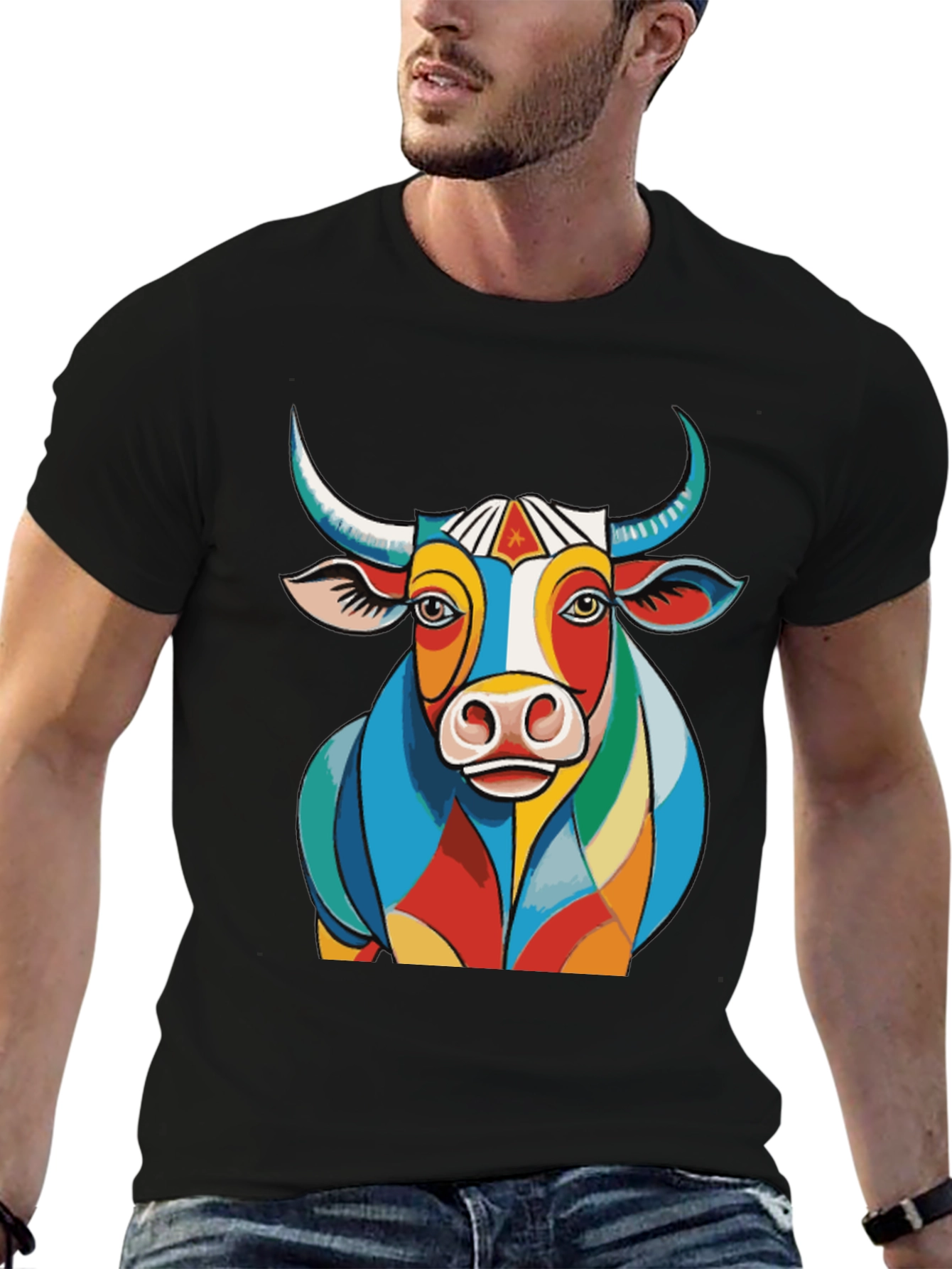 Black Colorful Bull Graphic Tee - Unique Design view 6