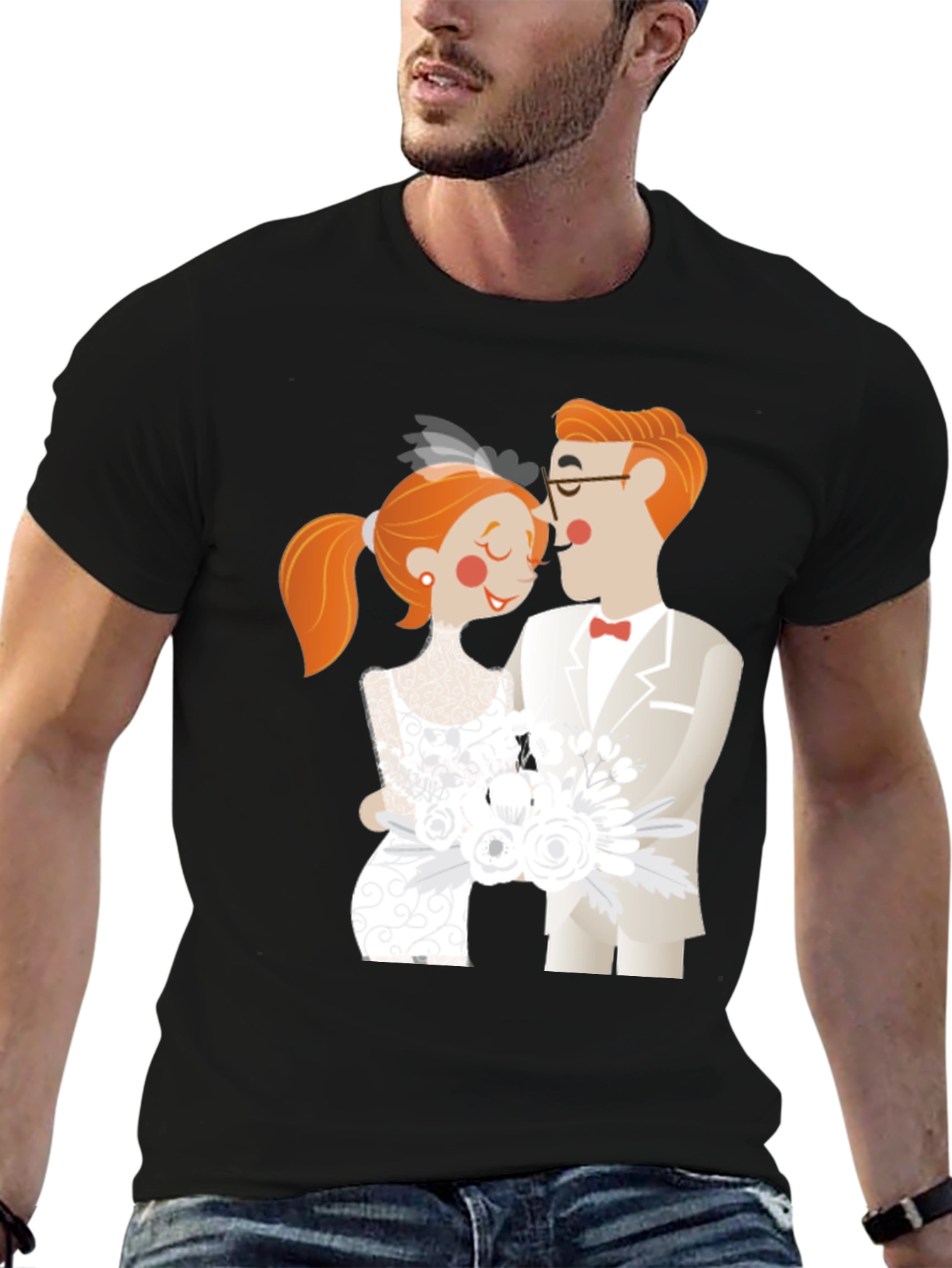 Black Cartoon Wedding Couple Black T-Shirt view 6
