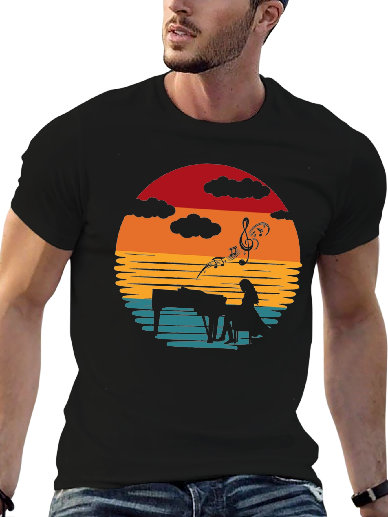 Black Sunset Piano Player Graphic Tee view 6