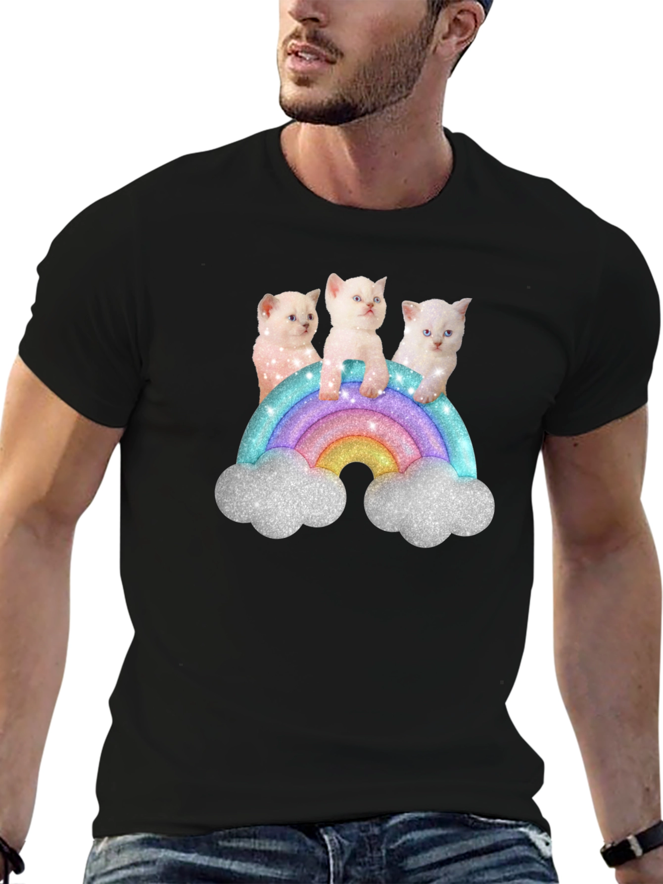 Black Cute Kitten Rainbow Graphic Tee - Black Unisex T-Shirt view 6
