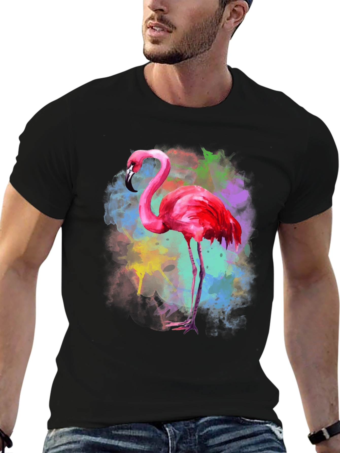 Black Flamingo Watercolor Graphic Tee - Black Cotton T-Shirt view 6
