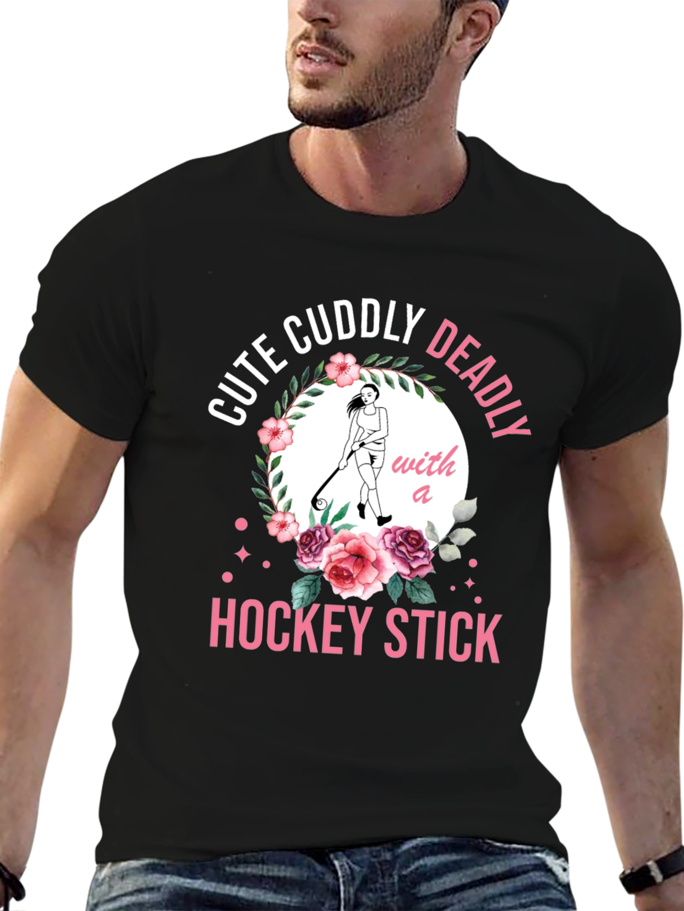 Black Cute Cuddly Deadly Hockey Stick T-Shirt view 6