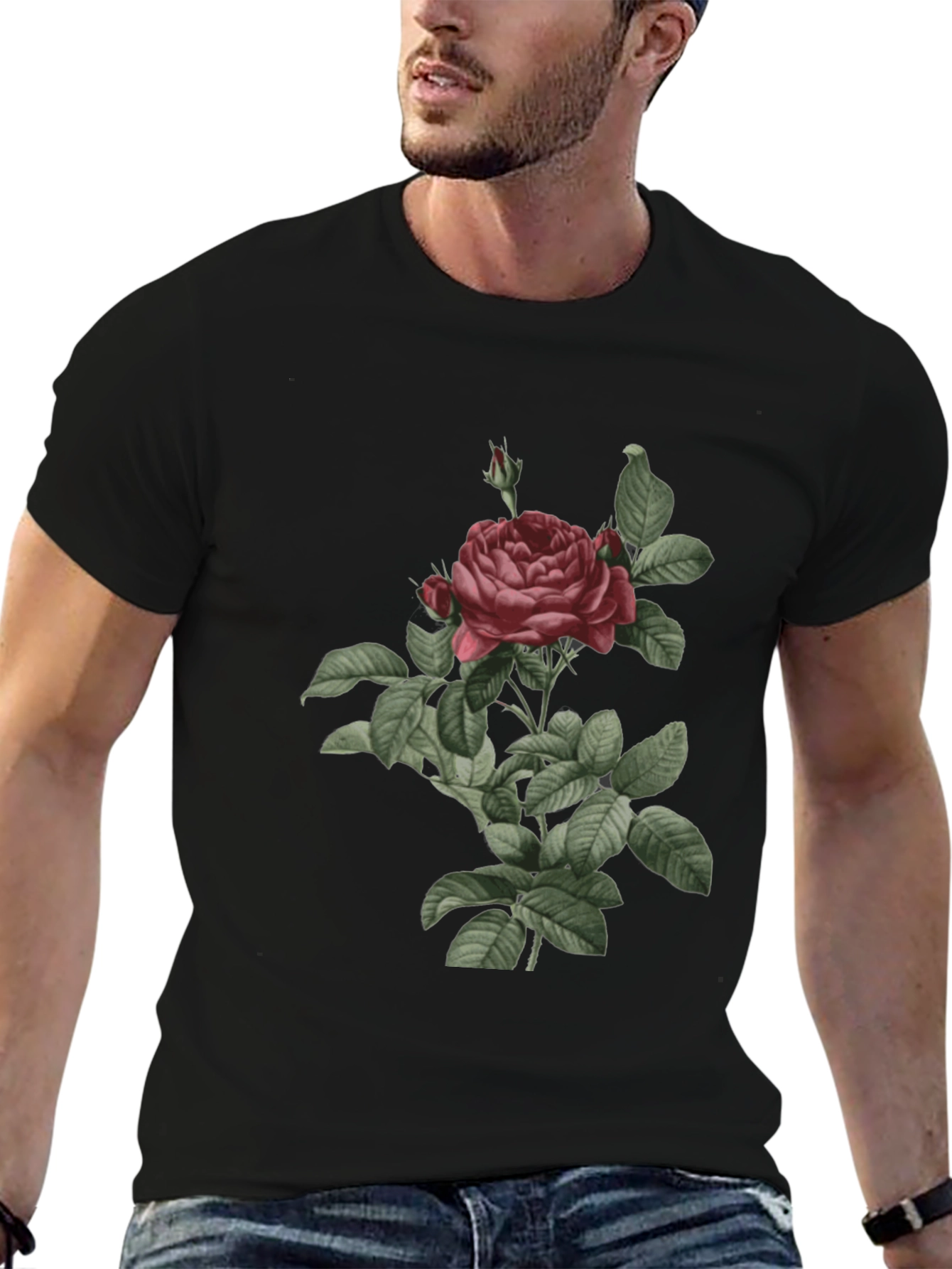 Black Vintage Rose Graphic Tee - Classic Botanical Design view 6