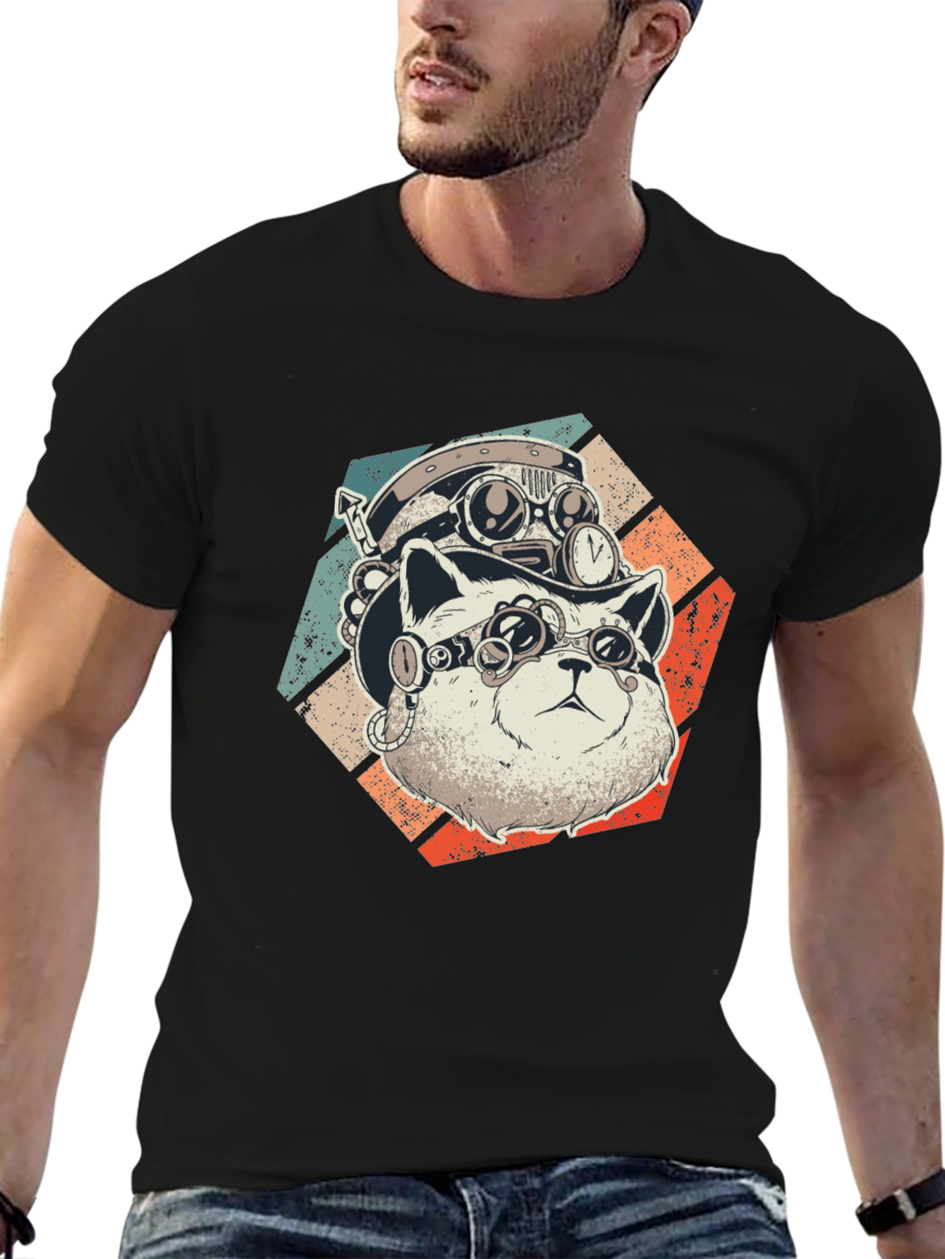 Black Steampunk Cat T-Shirt - Retro Style  view 6