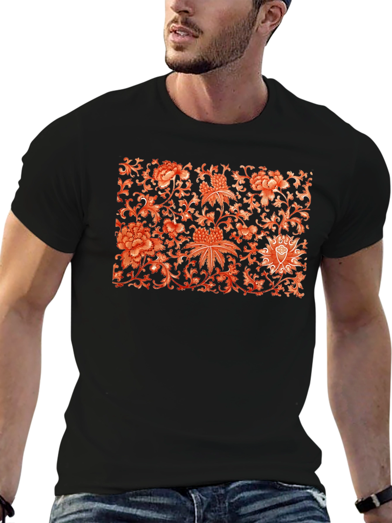Black Floral Pattern Graphic Print T-Shirt view 6