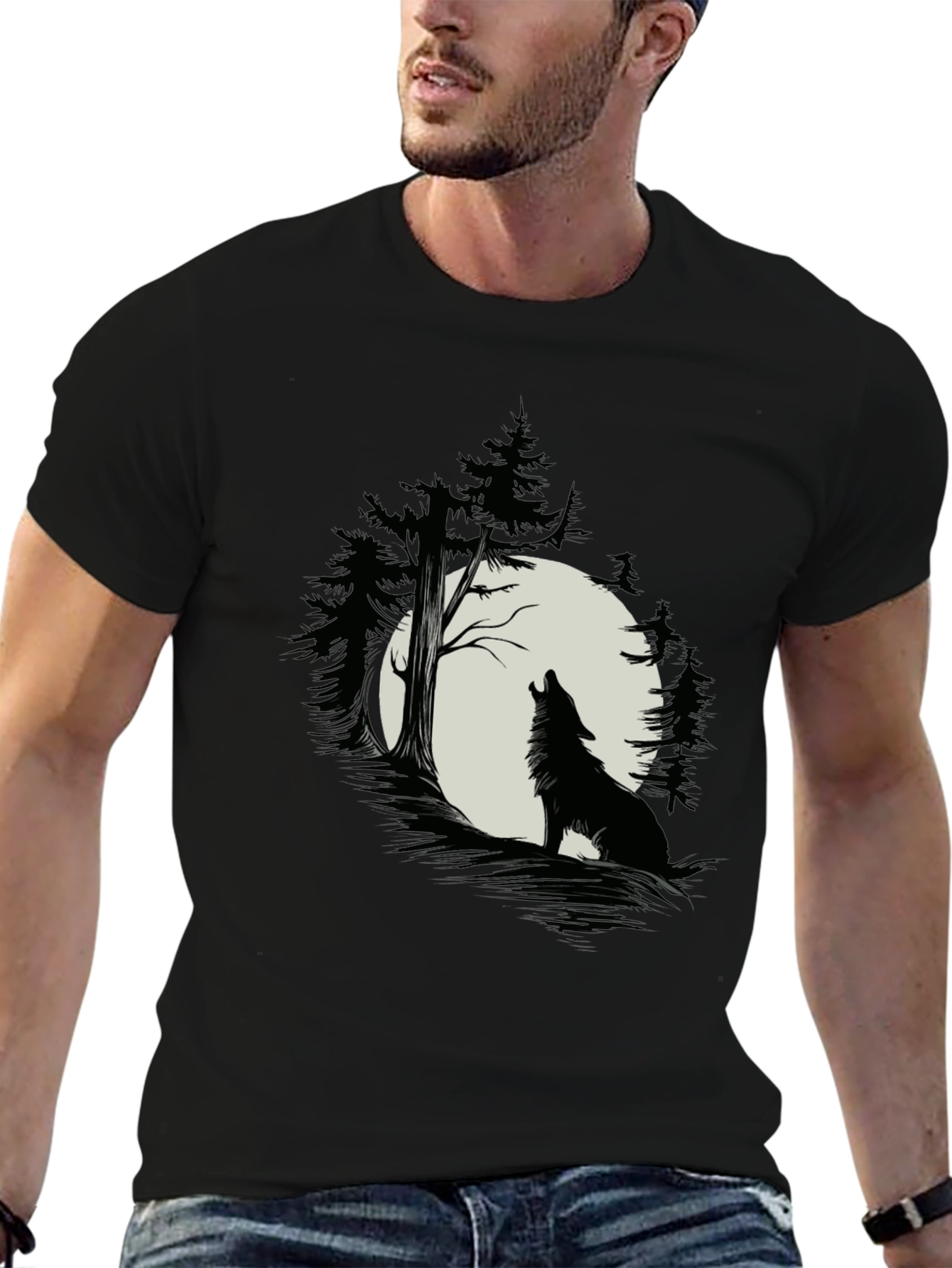 Black Wolf Howling at Moon T-Shirt - Black Cotton Tee view 6