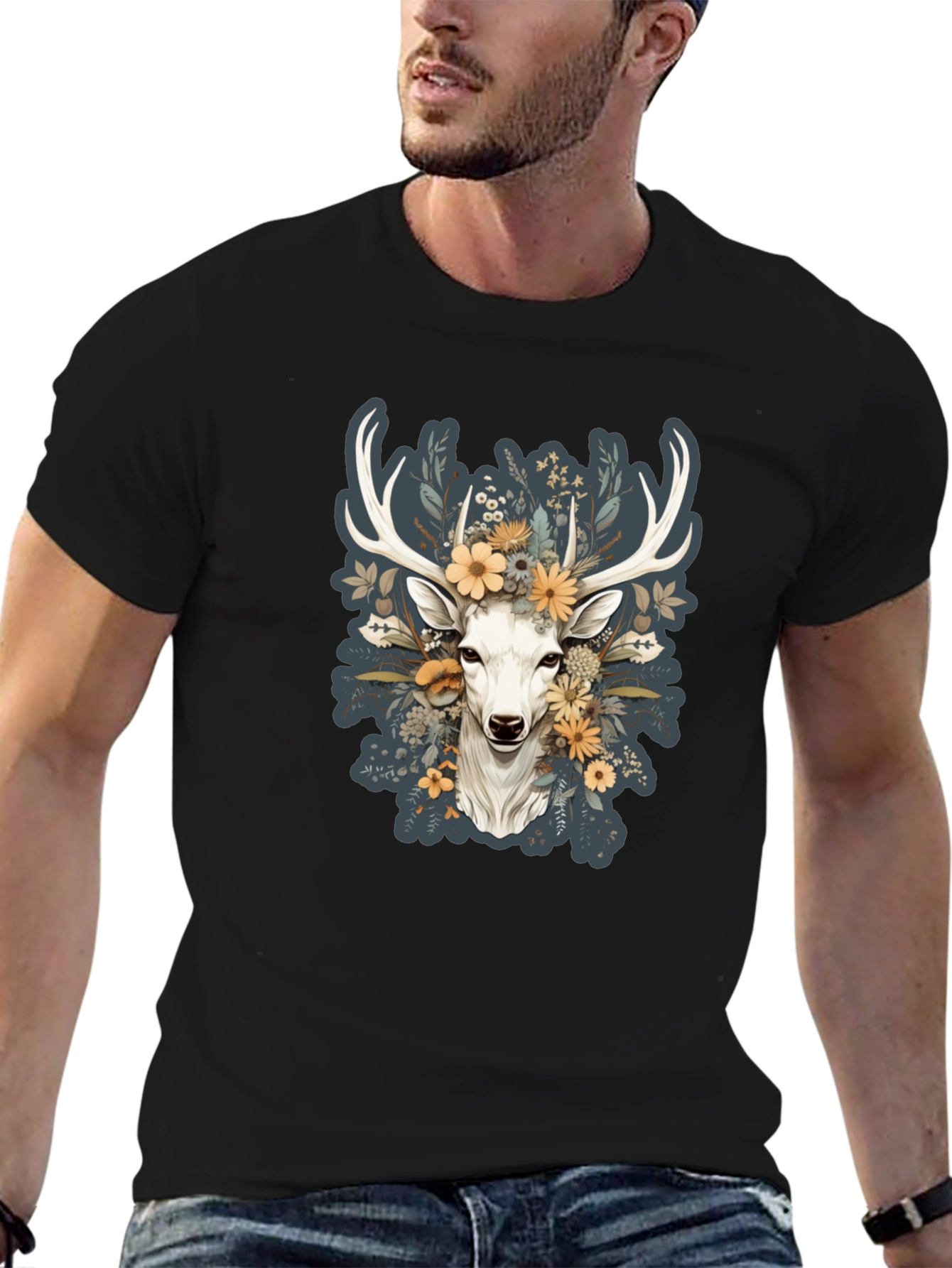 Black Floral Deer Graphic Tee - Nature Inspired Menswear view 6