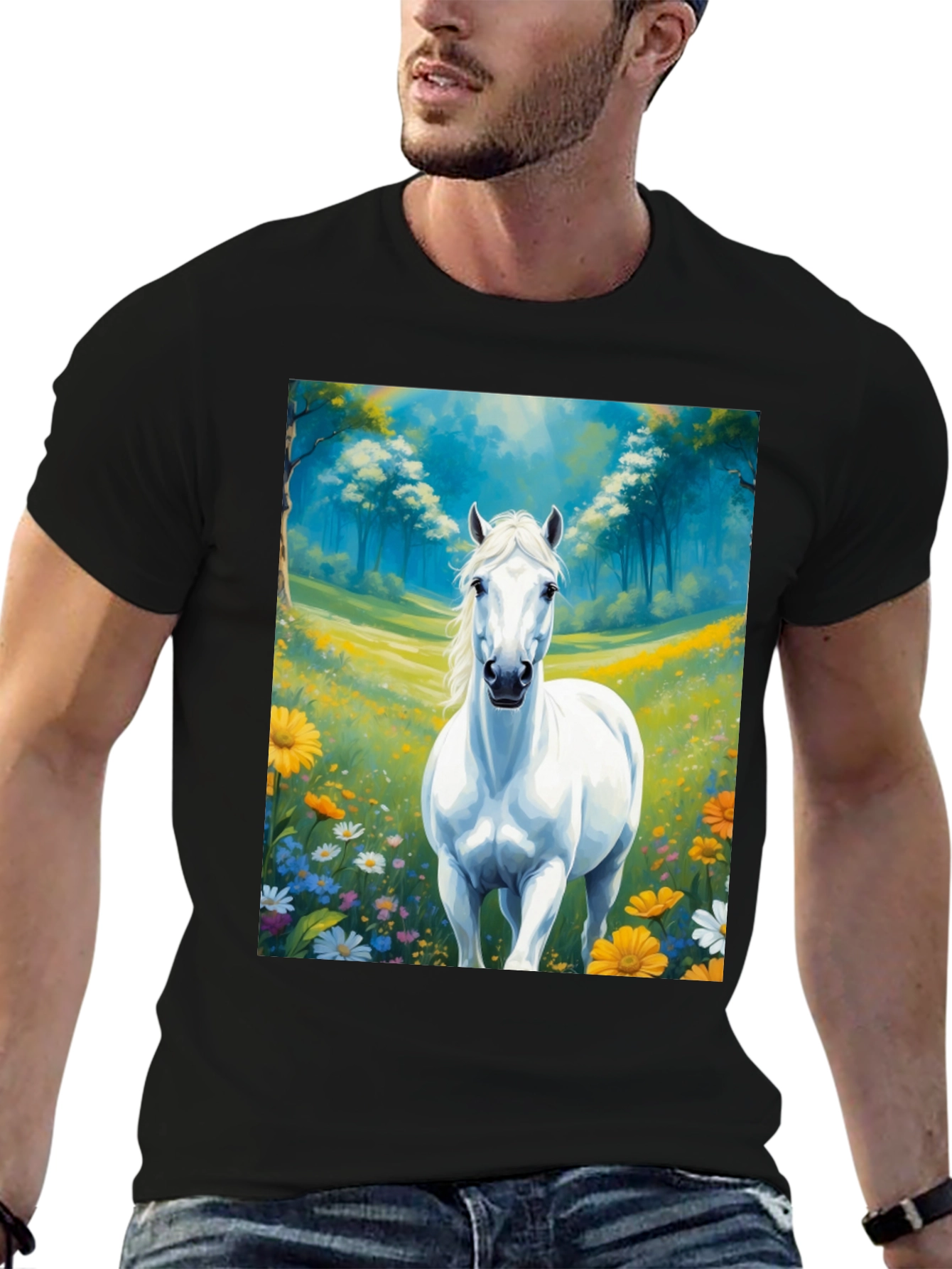 Black White Horse in Meadow Graphic Tee view 6