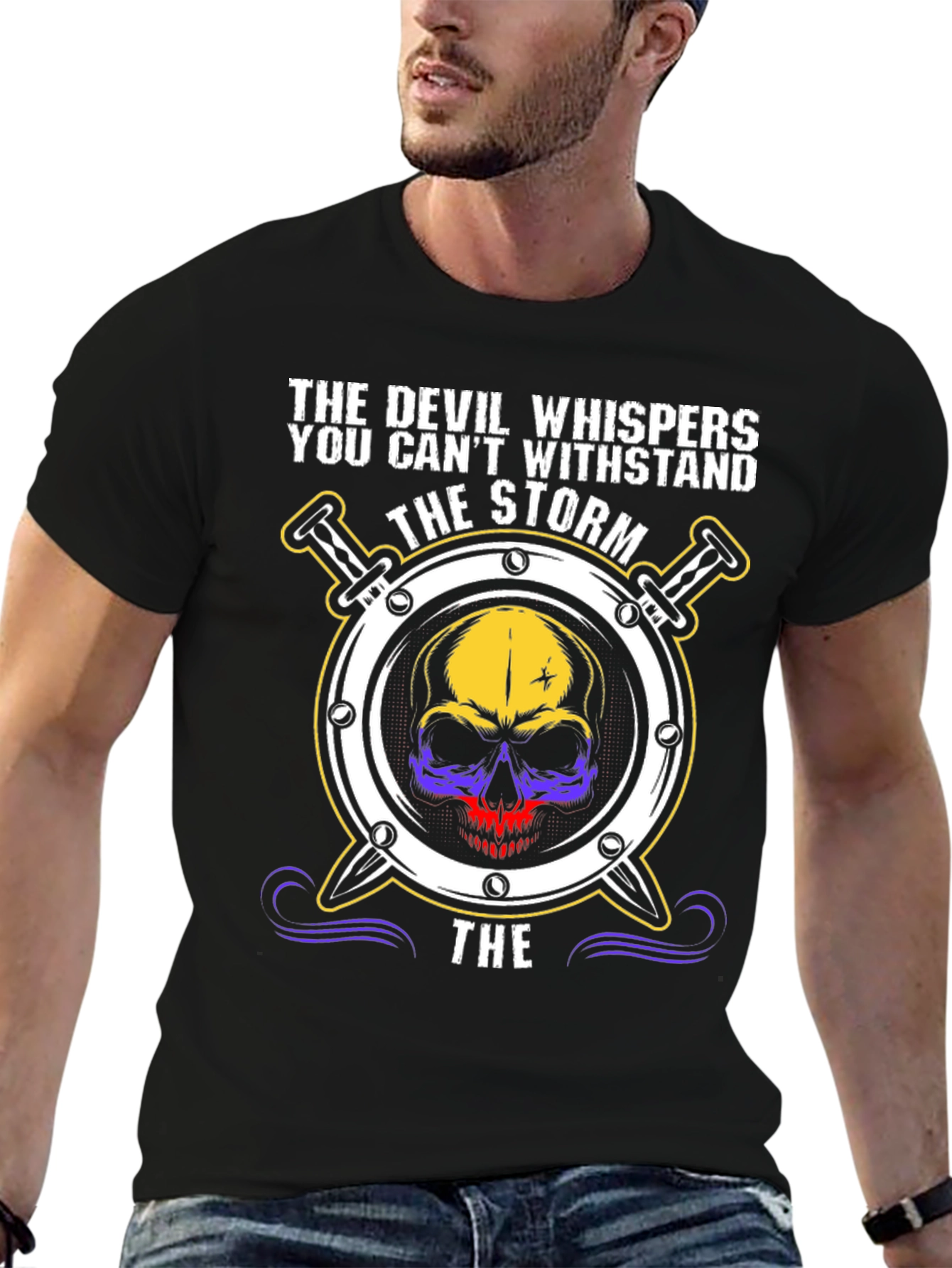 Black The Devil Whispers T-Shirt: Storm Skull Design view 6