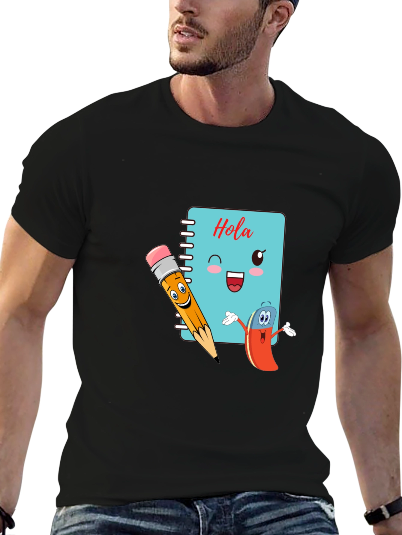 Black Hola Notebook Cartoon Black T-shirt view 6
