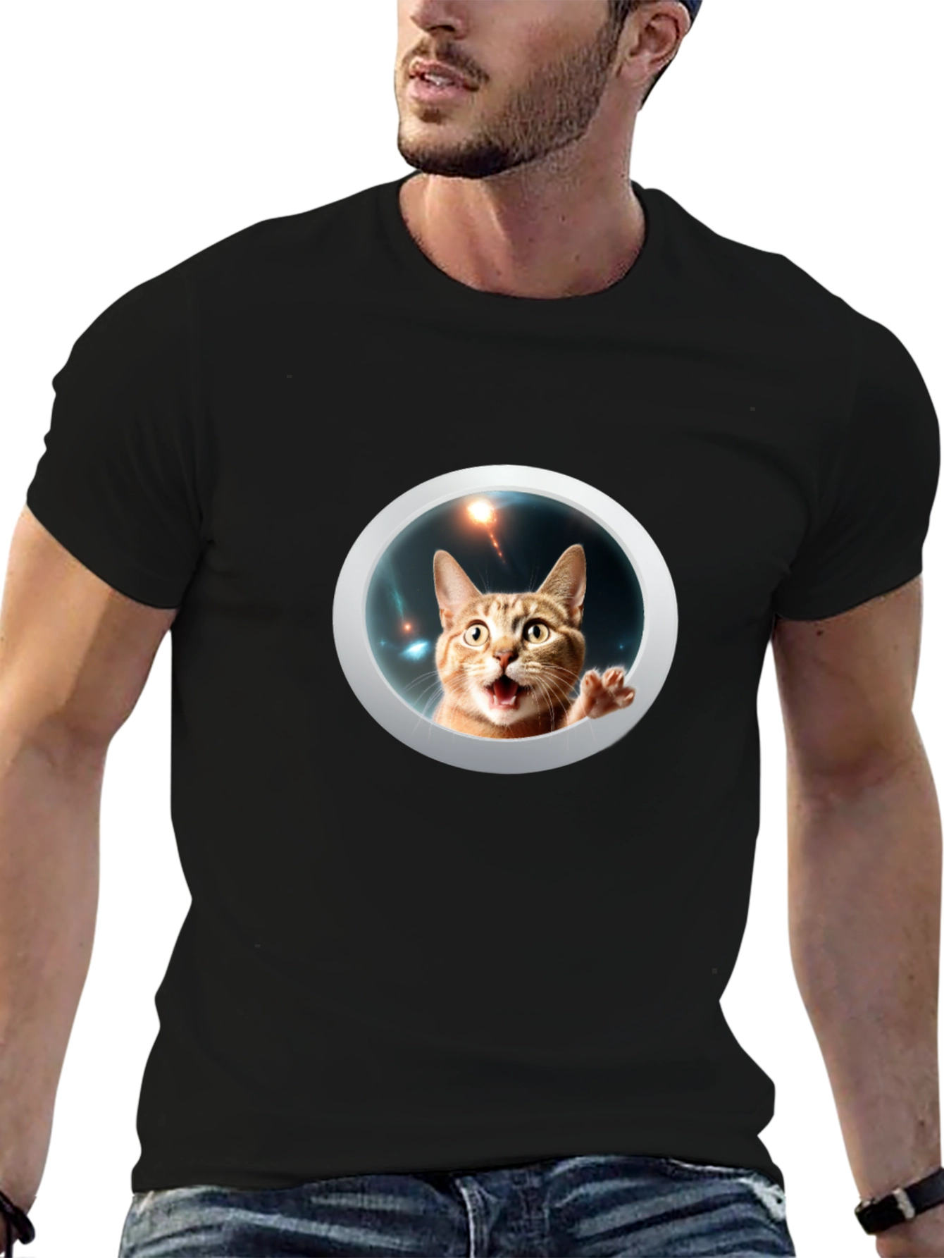 Black Funny Cat in Space Black T-Shirt view 6