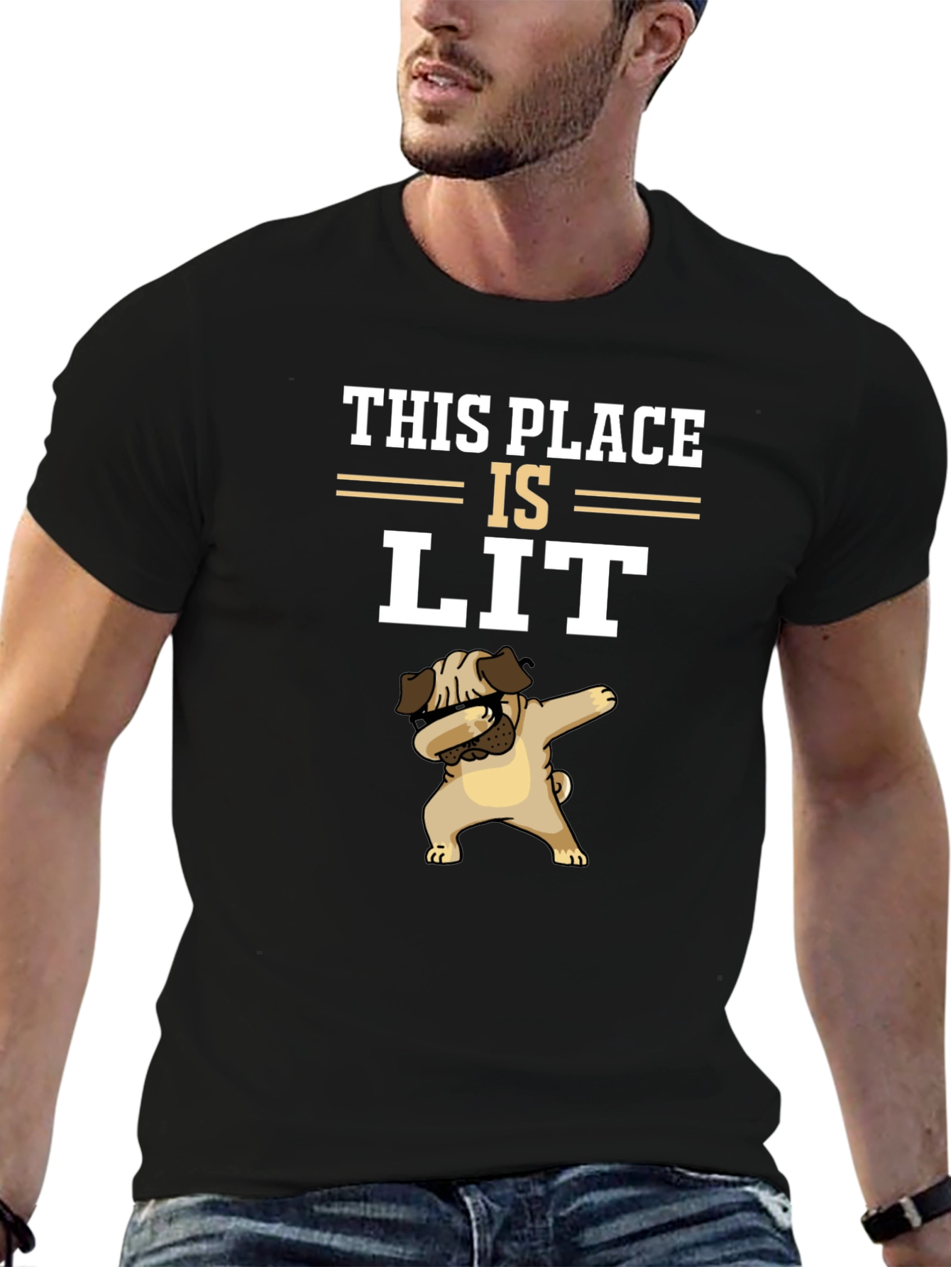 Black This Place Is Lit Pug T-Shirt view 6