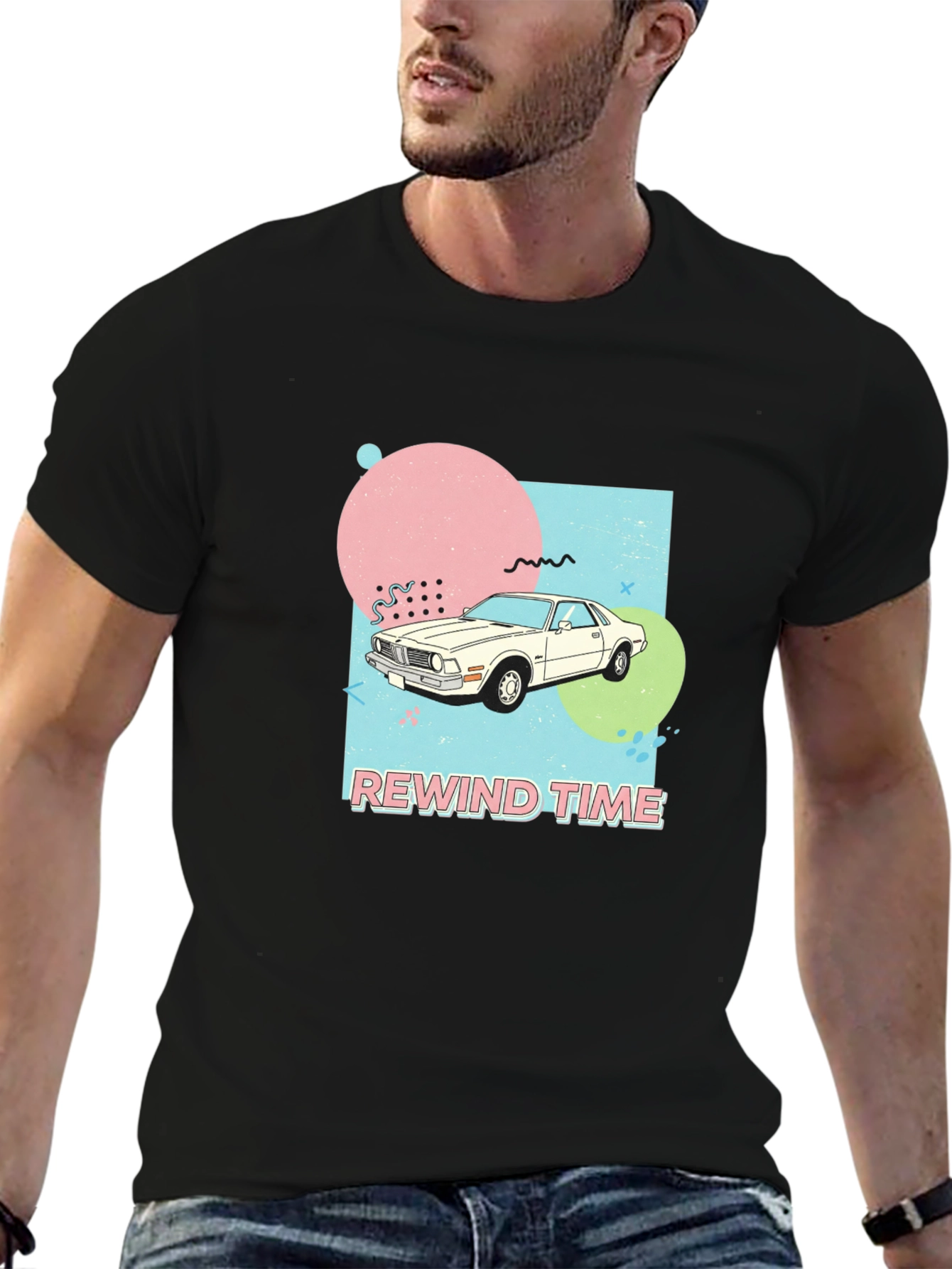 Black Rewind Time Retro Car Graphic T-Shirt view 6