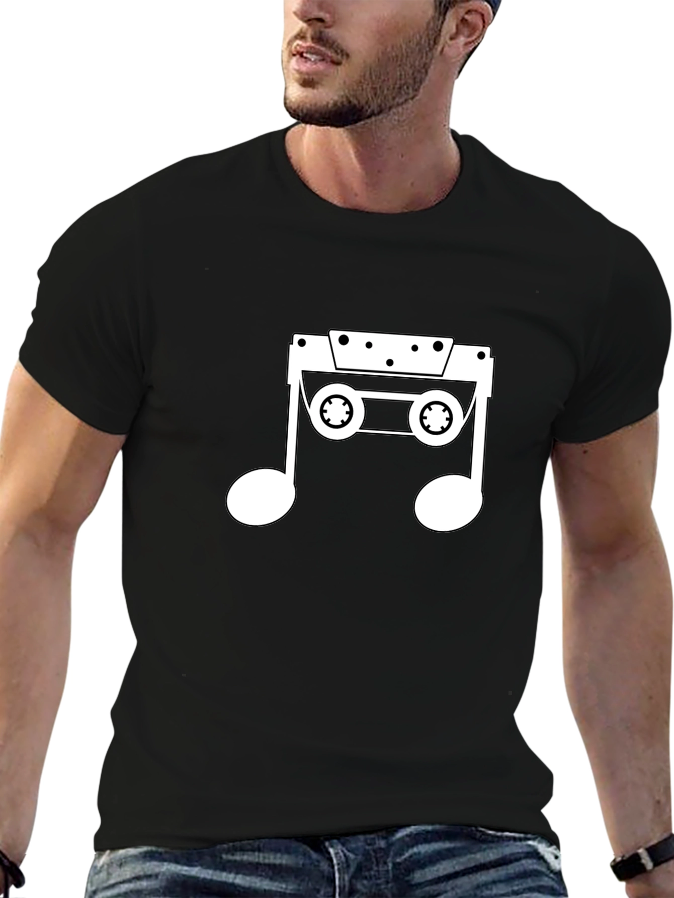 Black Retro Music Note Cassette T-Shirt view 6