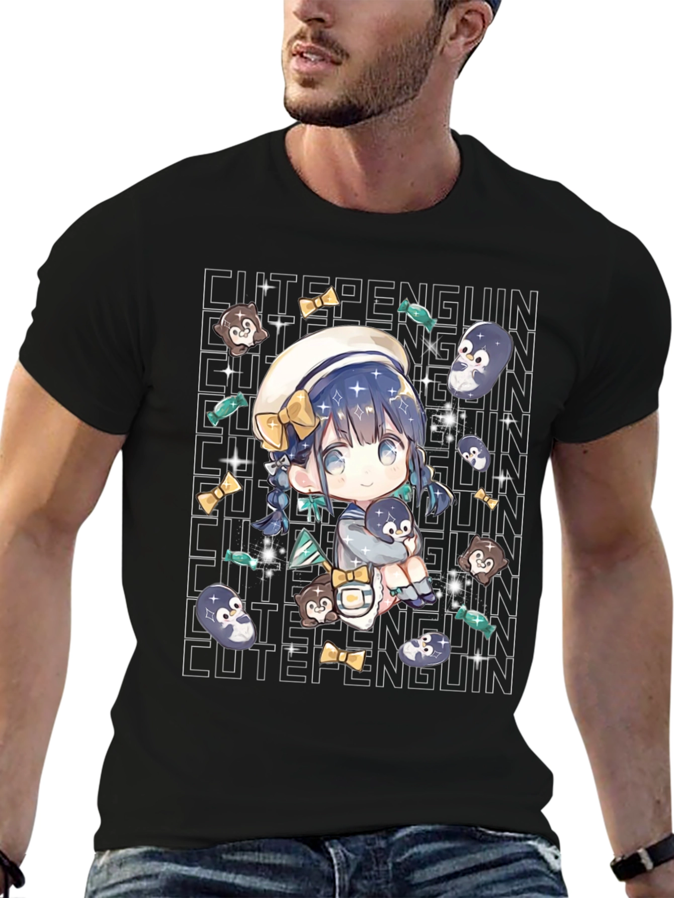 Black Anime Cute Penguin Black T-Shirt view 6