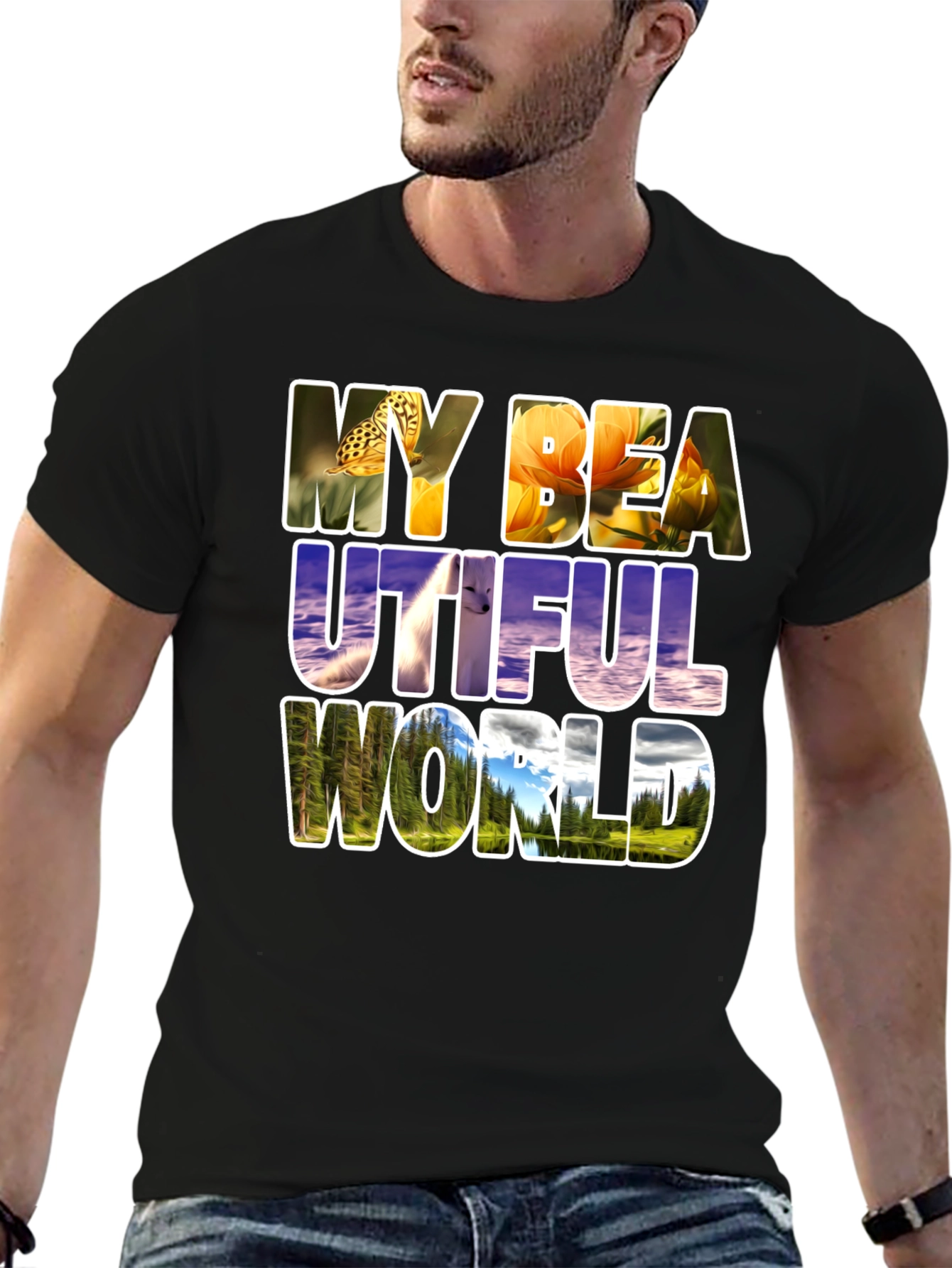 Black Nature Filled Graphic Tee - "My Beautiful World" T-Shirt view 6