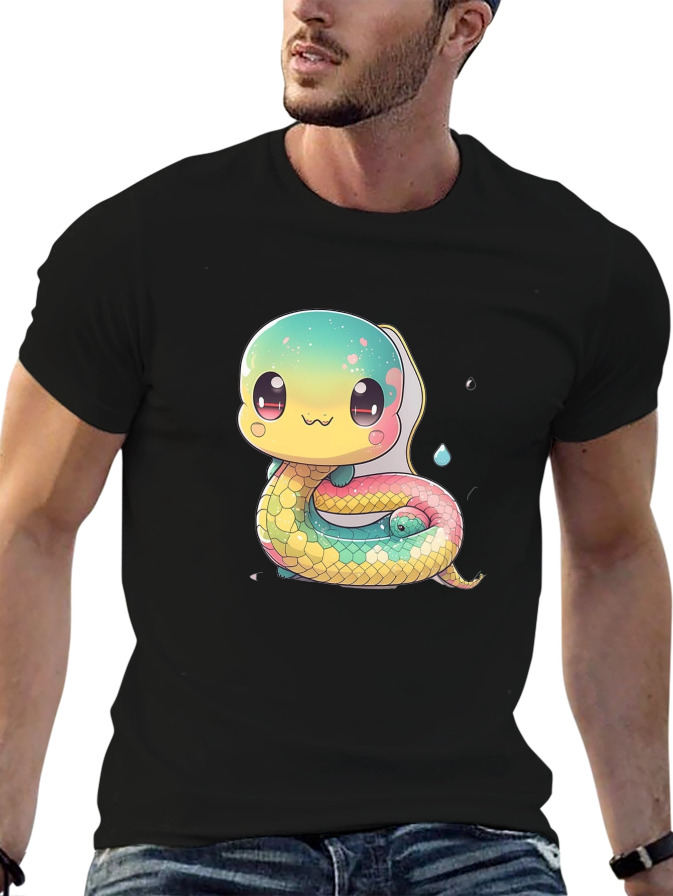 Black Cute Cartoon Snake Black T-Shirt view 6