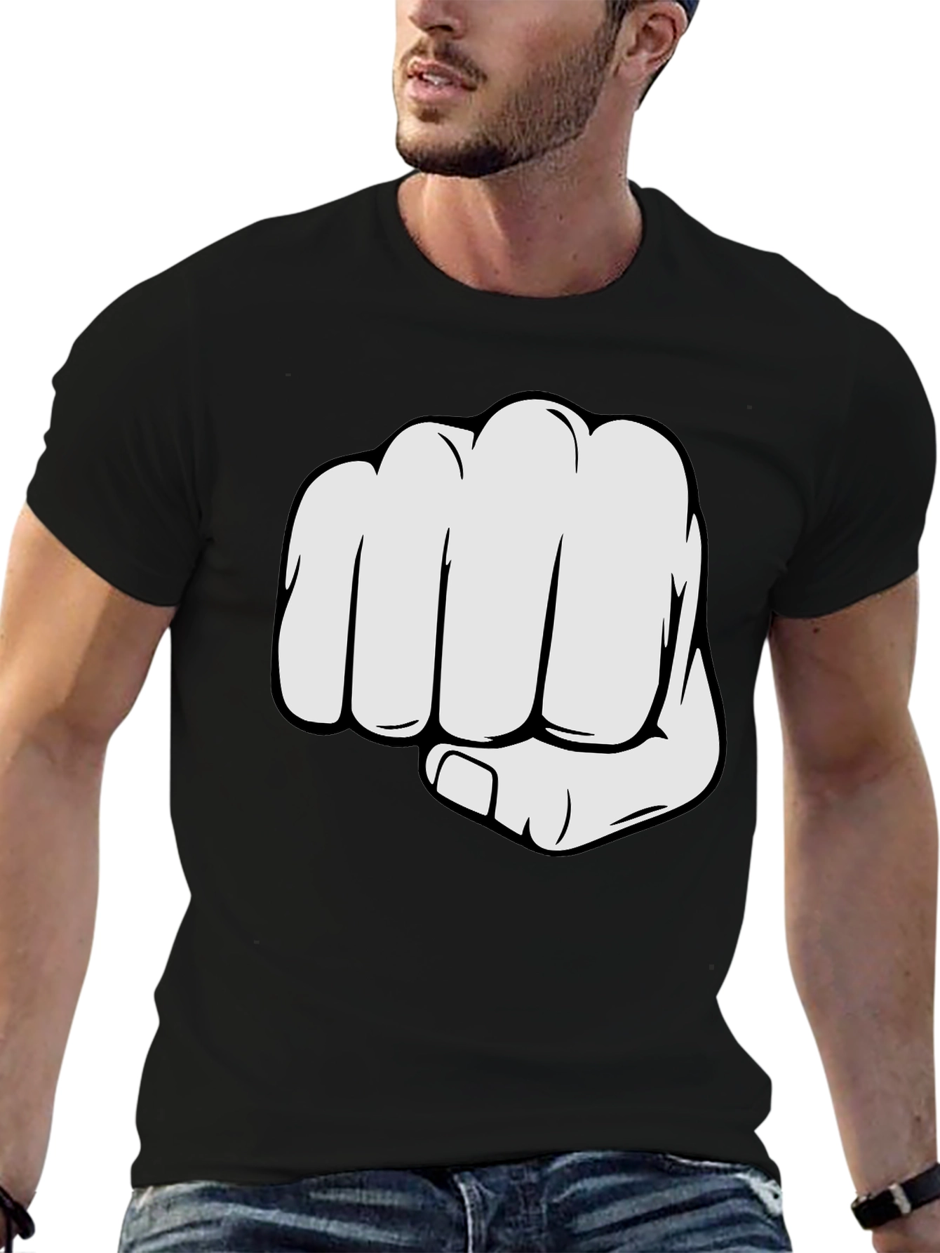 Black Fist Bump Graphic Tee - Black Crew Neck Cotton T-Shirt view 6