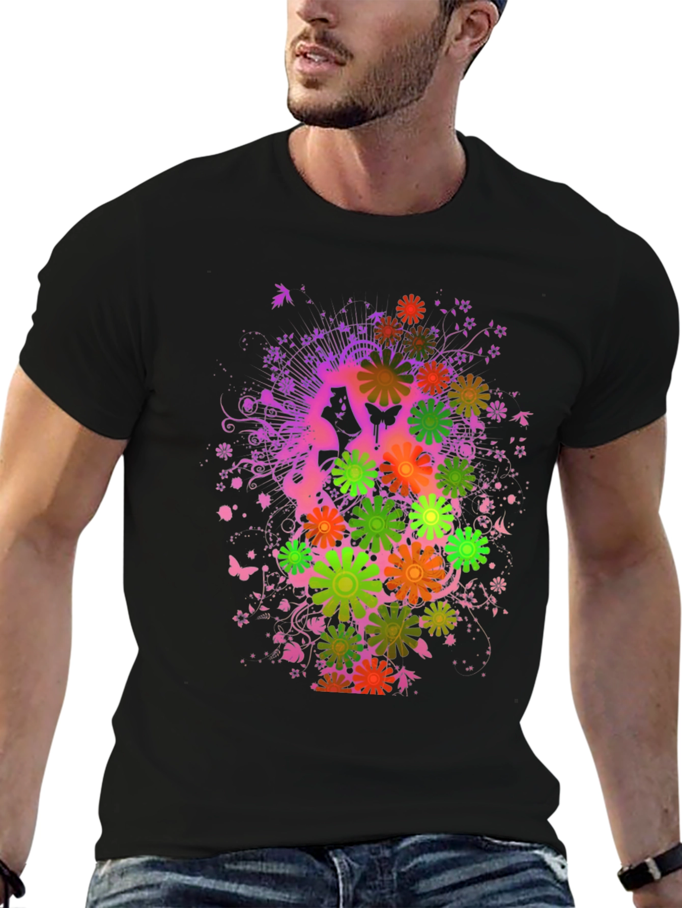 Black Floral Butterfly Graphic Tee - Black Cotton Blend view 6