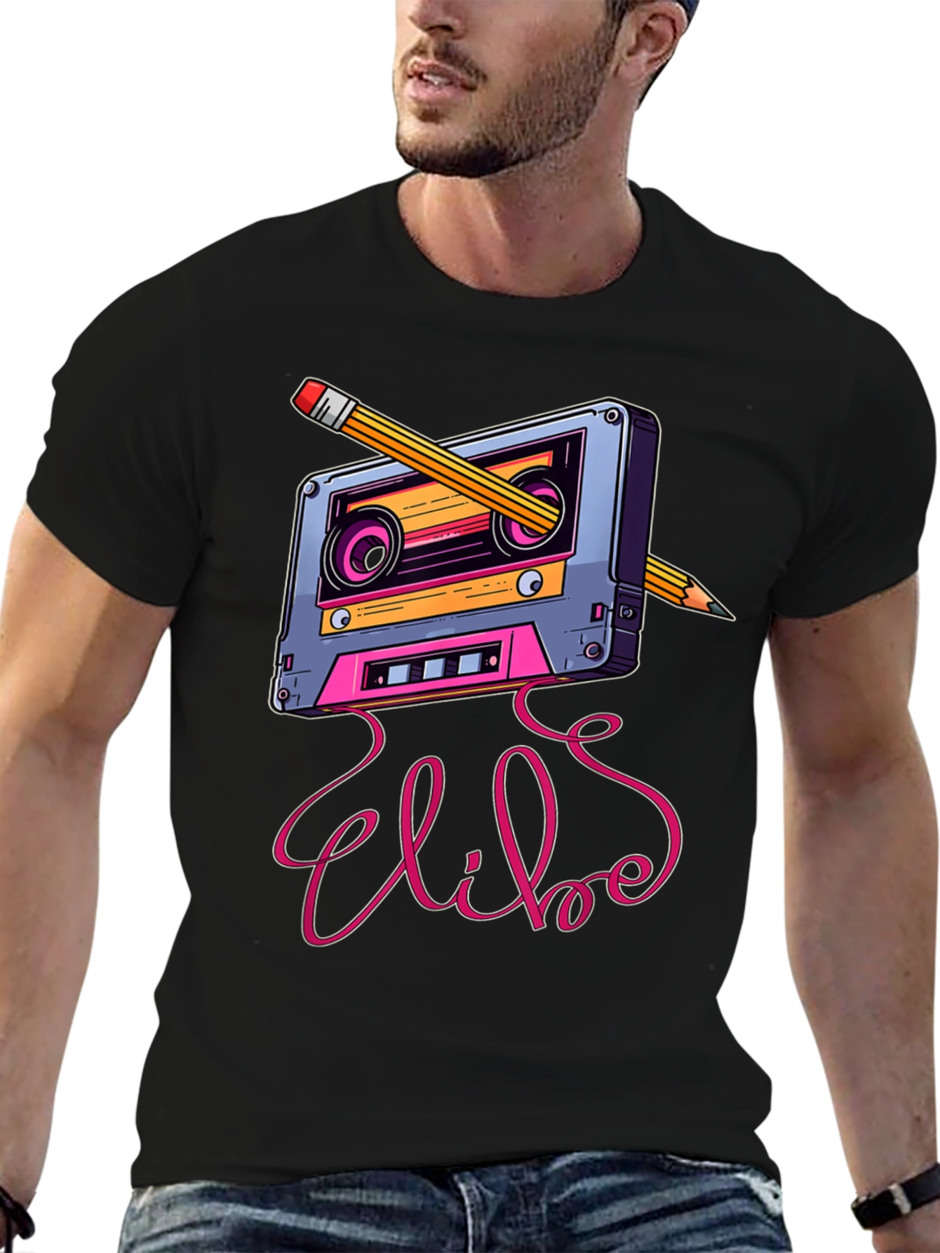 Black Retro Cassette Tape & Pencil Graphic Tee view 6