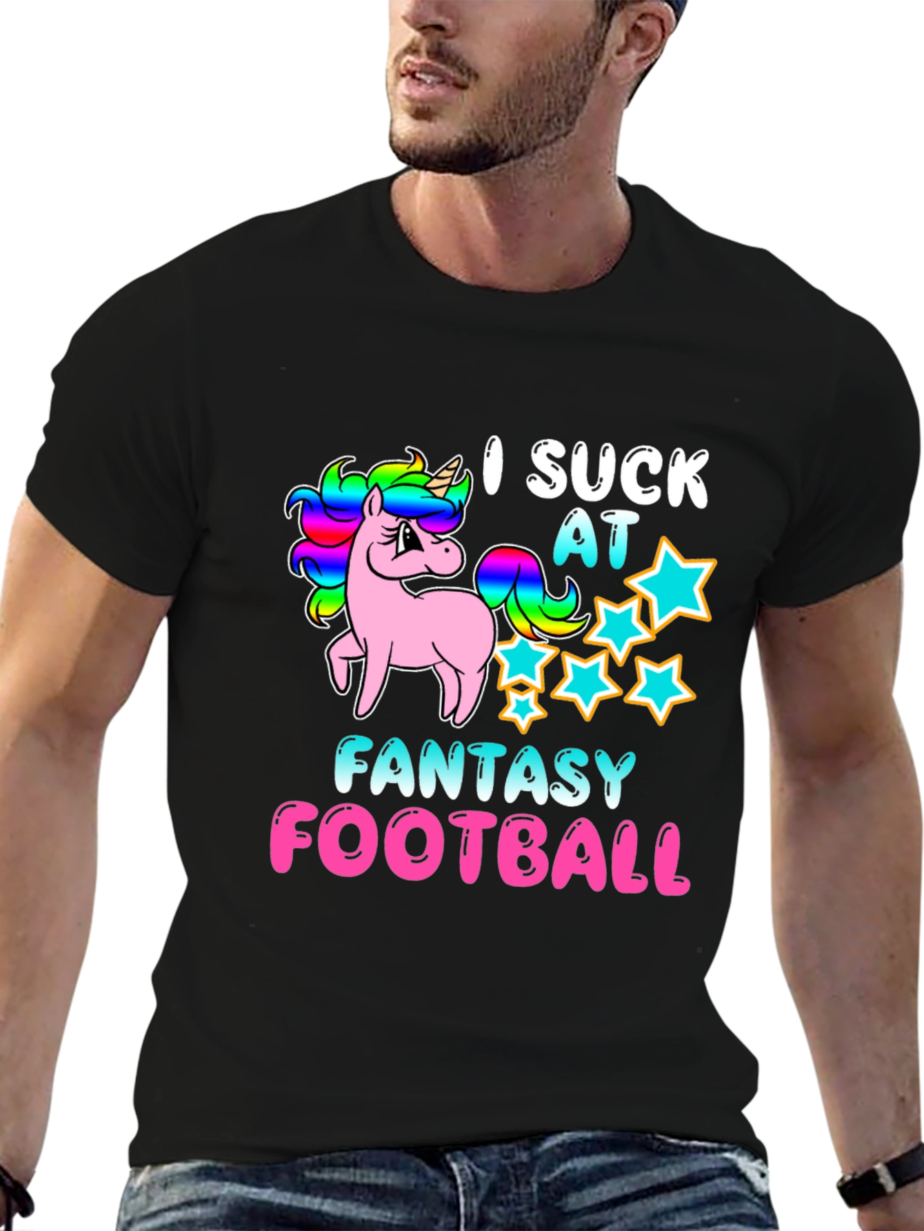 Black I Suck At Fantasy Football Unicorn T-Shirt view 6