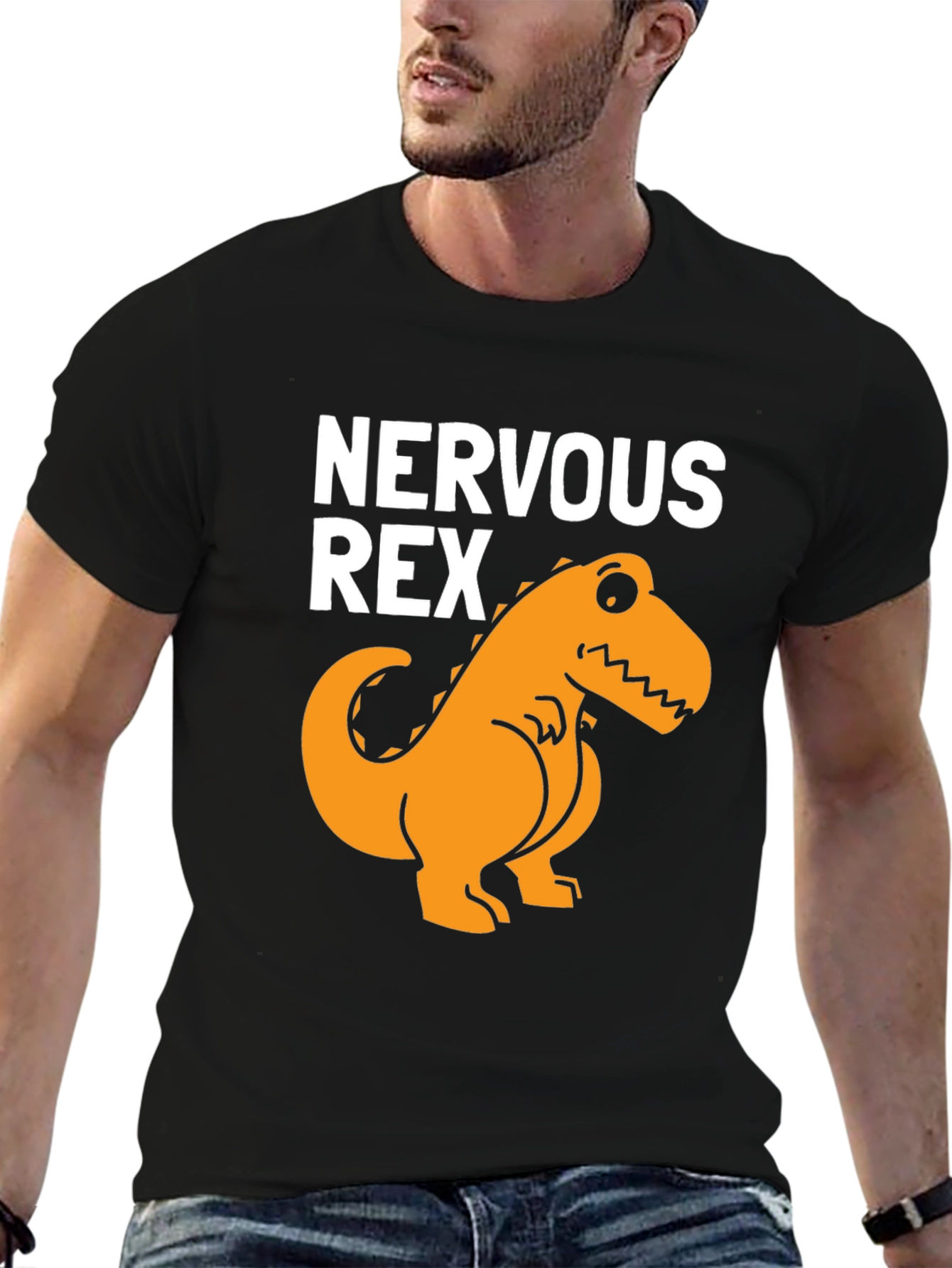 Black Nervous Rex T-Shirt - Funny Dinosaur Tee view 6