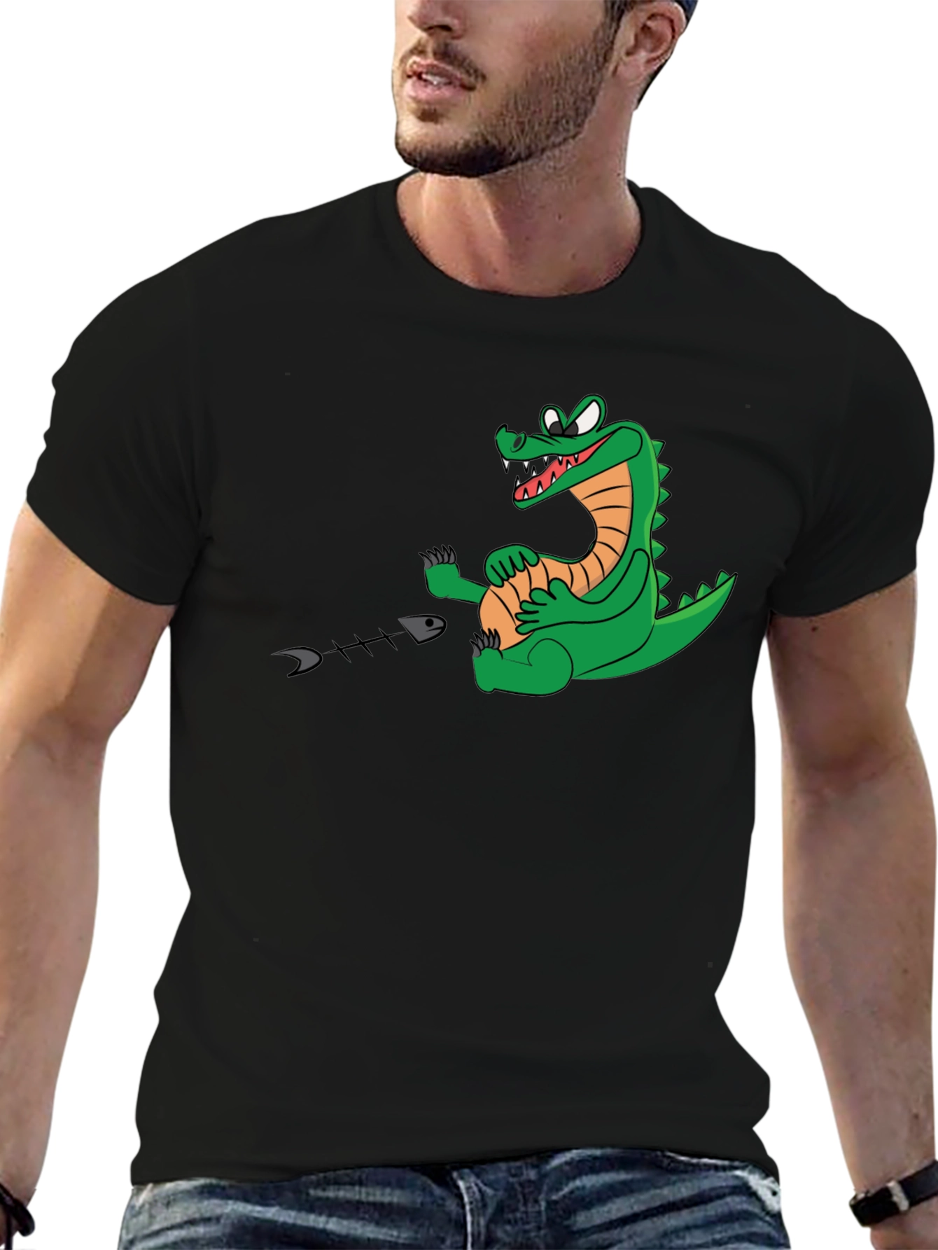 Black Alligator Eating Fish T-Shirt - Black Cotton Tee view 6