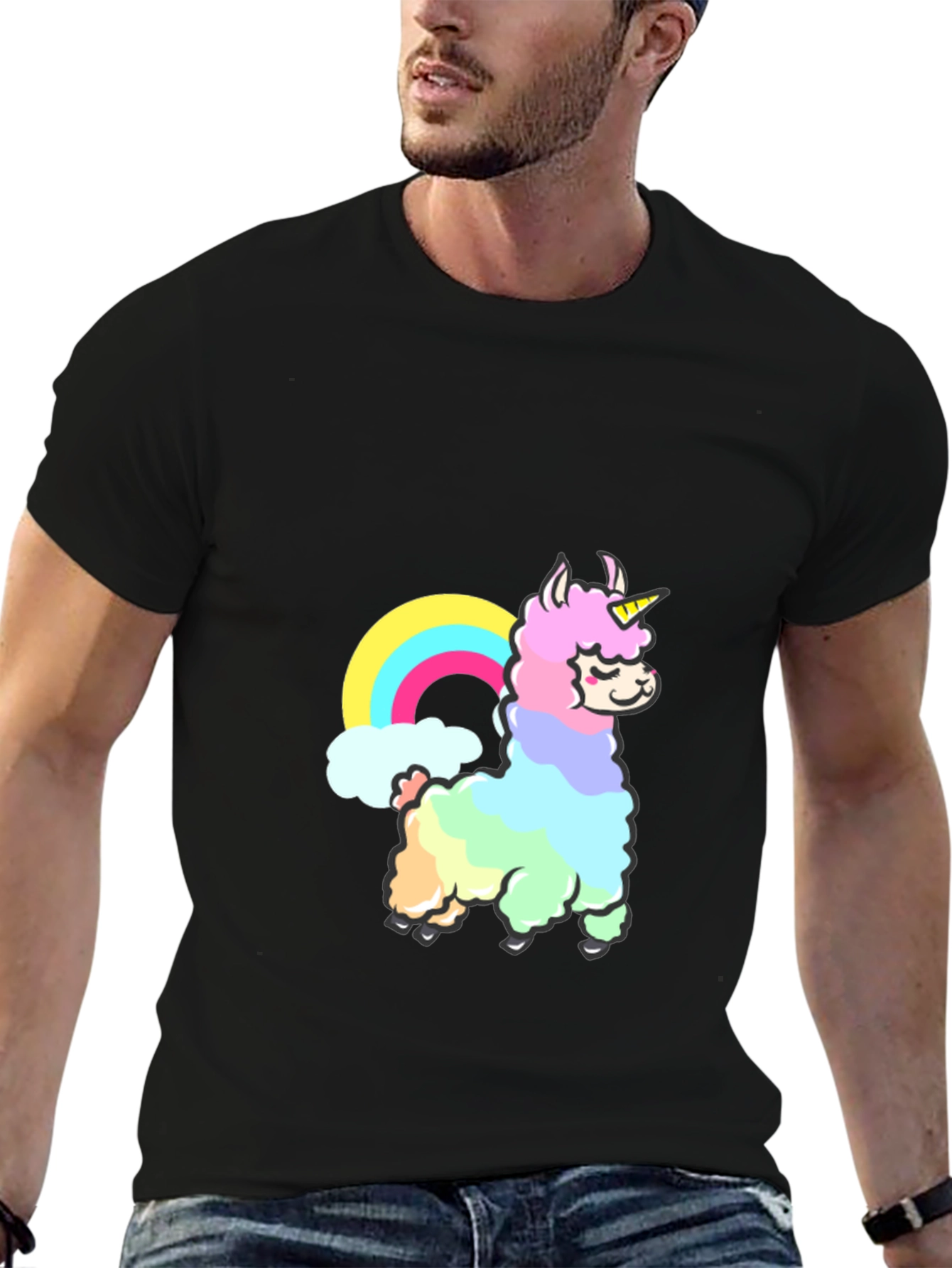 Black Rainbow Llama Unicorn Graphic T-Shirt view 6