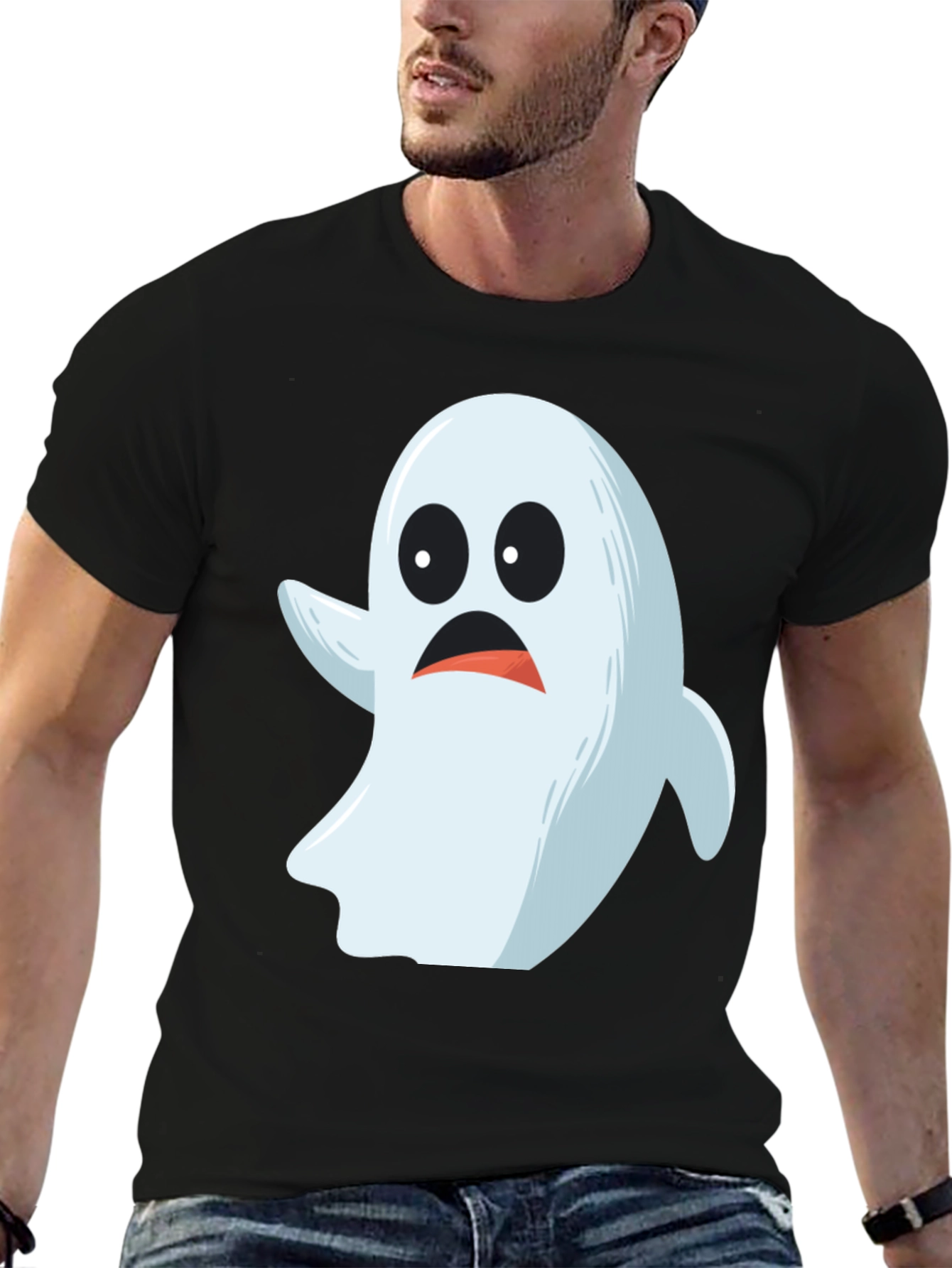 Black Spooky Ghost Graphic Tee - Halloween Costume Shirt view 6
