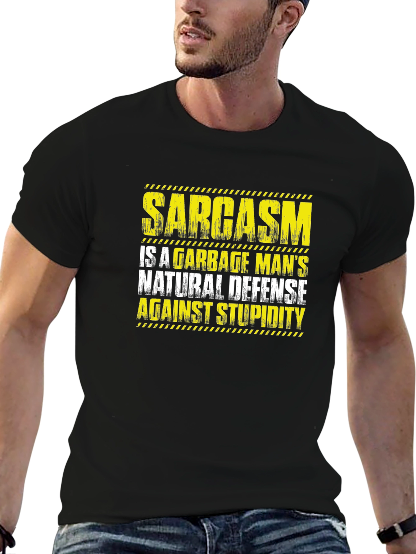 Black Sarcasm Garbage Man's Natural Defense T-Shirt view 6