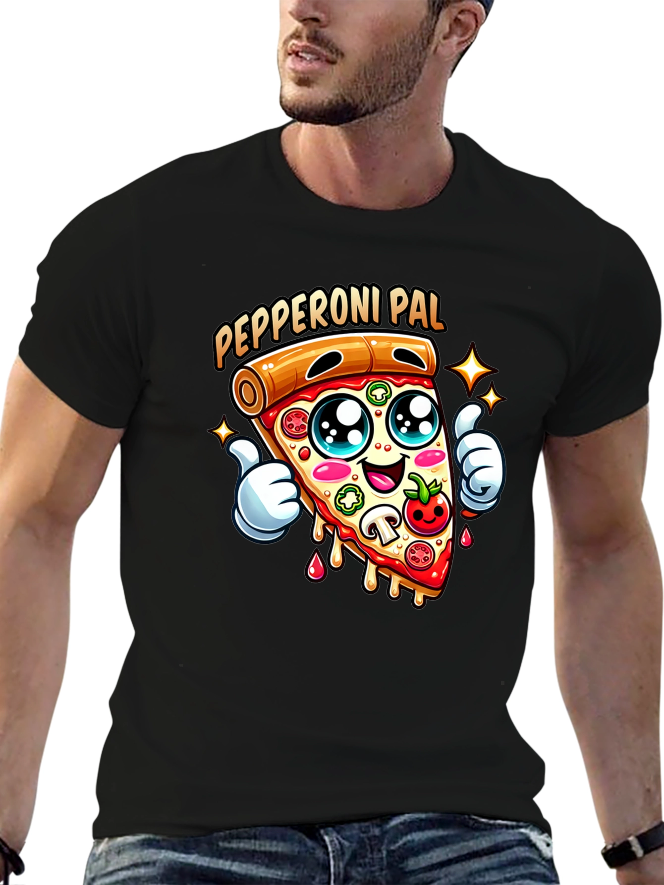 Black Pepperoni Pal Graphic Tee - Fun Pizza T-Shirt view 6