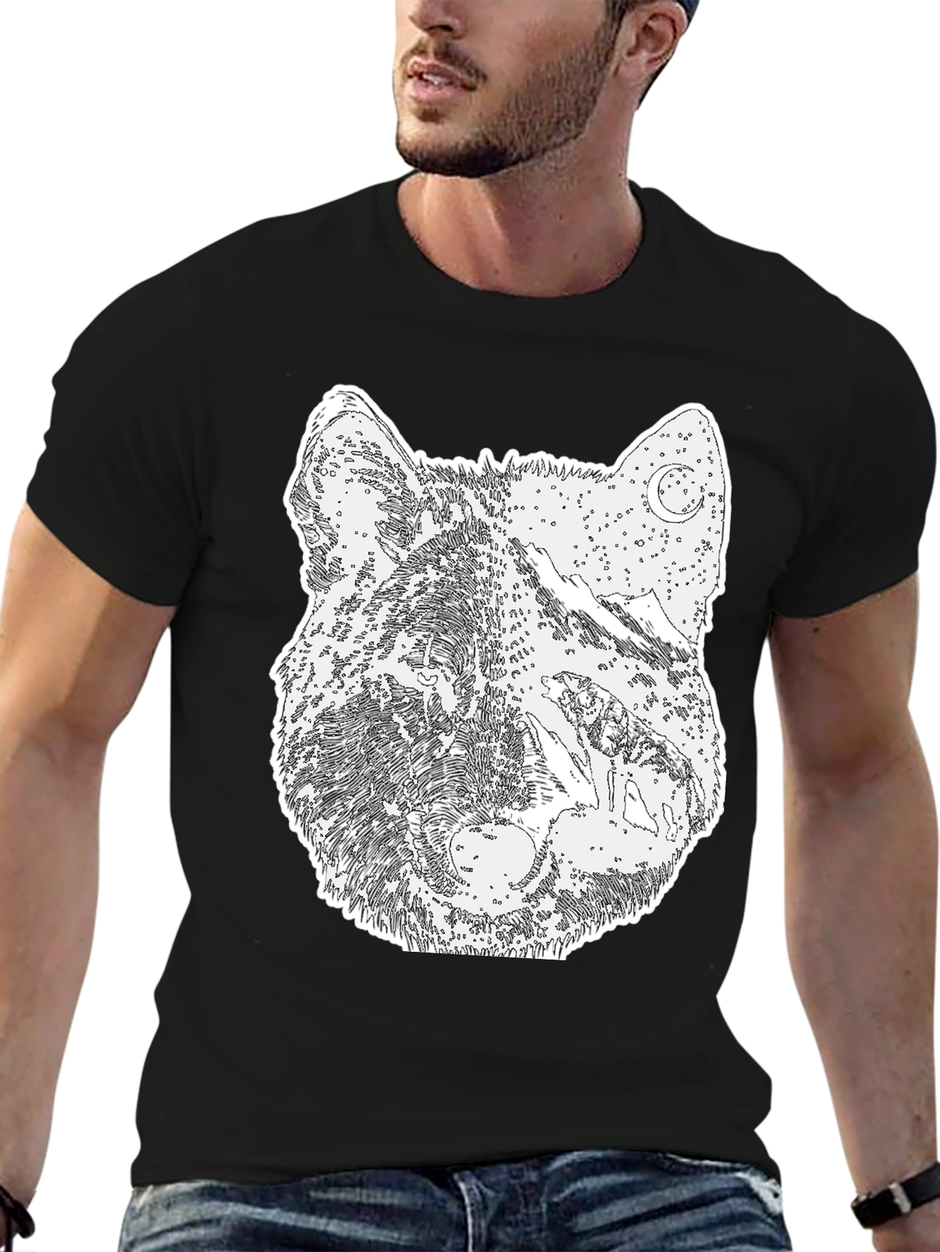 Black Wolf Graphic Print Tee - Black Cotton Blend view 6