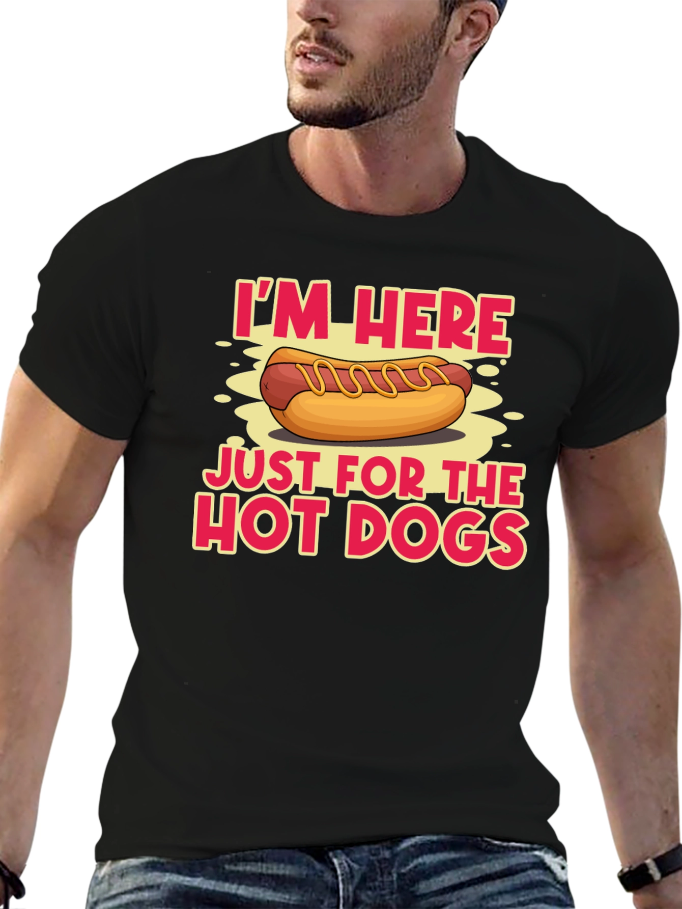 Black Hot Dog Lover T-Shirt: I'm Here Just for the Hot Dogs view 6