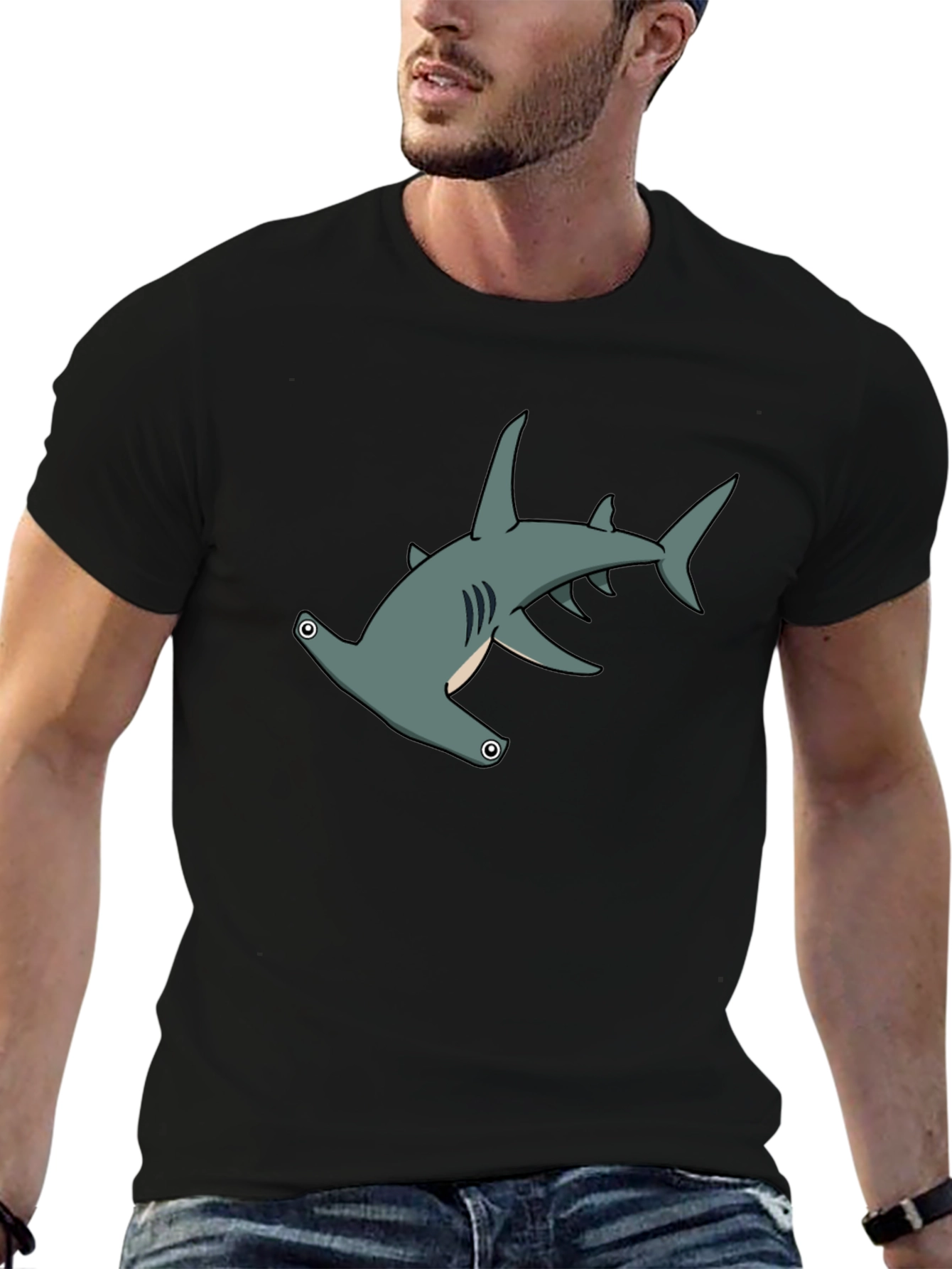 Black Hammerhead Shark Graphic Tee - Black Cotton view 6