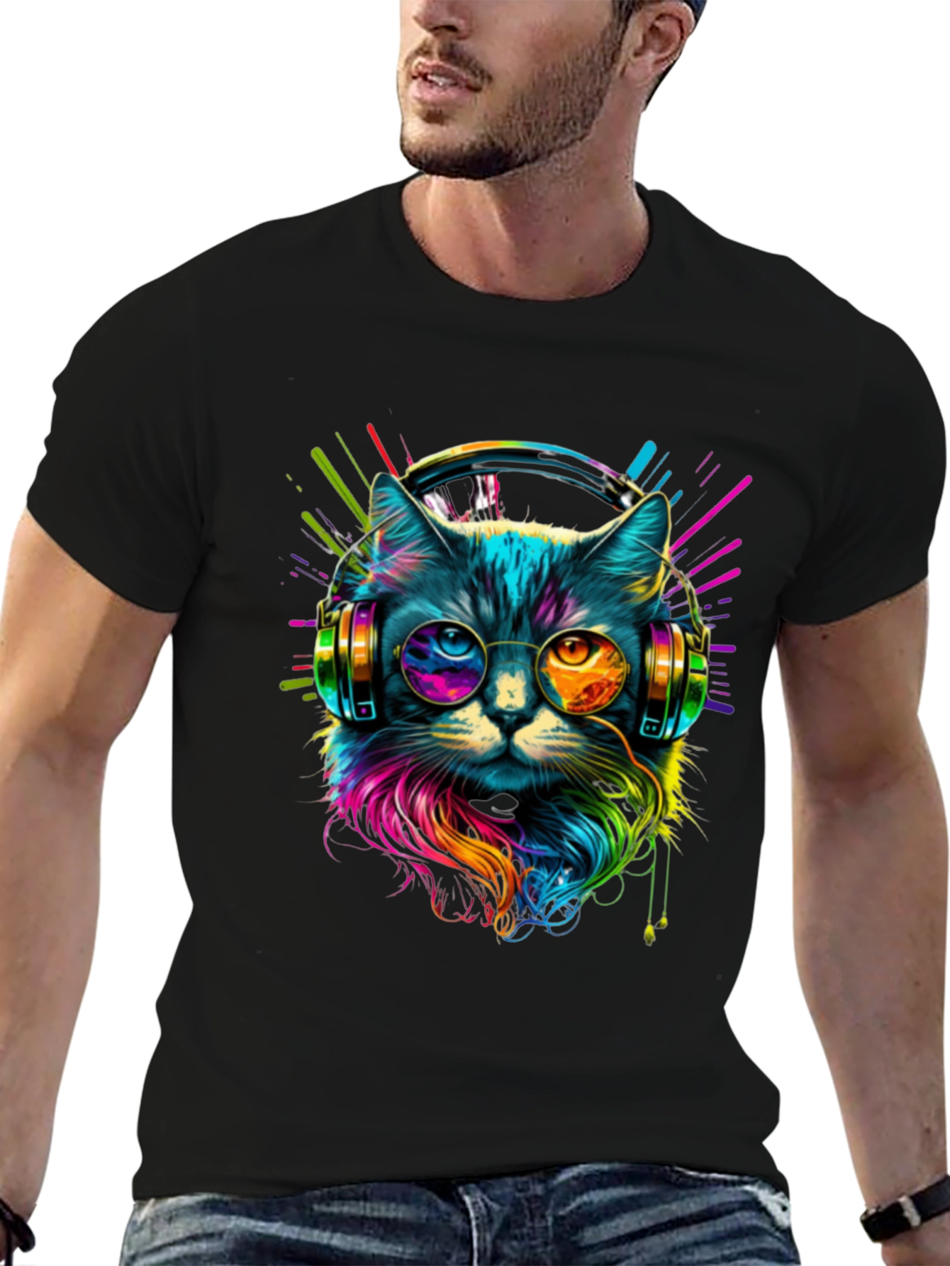 Black Neon Cat DJ T-Shirt - Unique Graphic Tee view 6