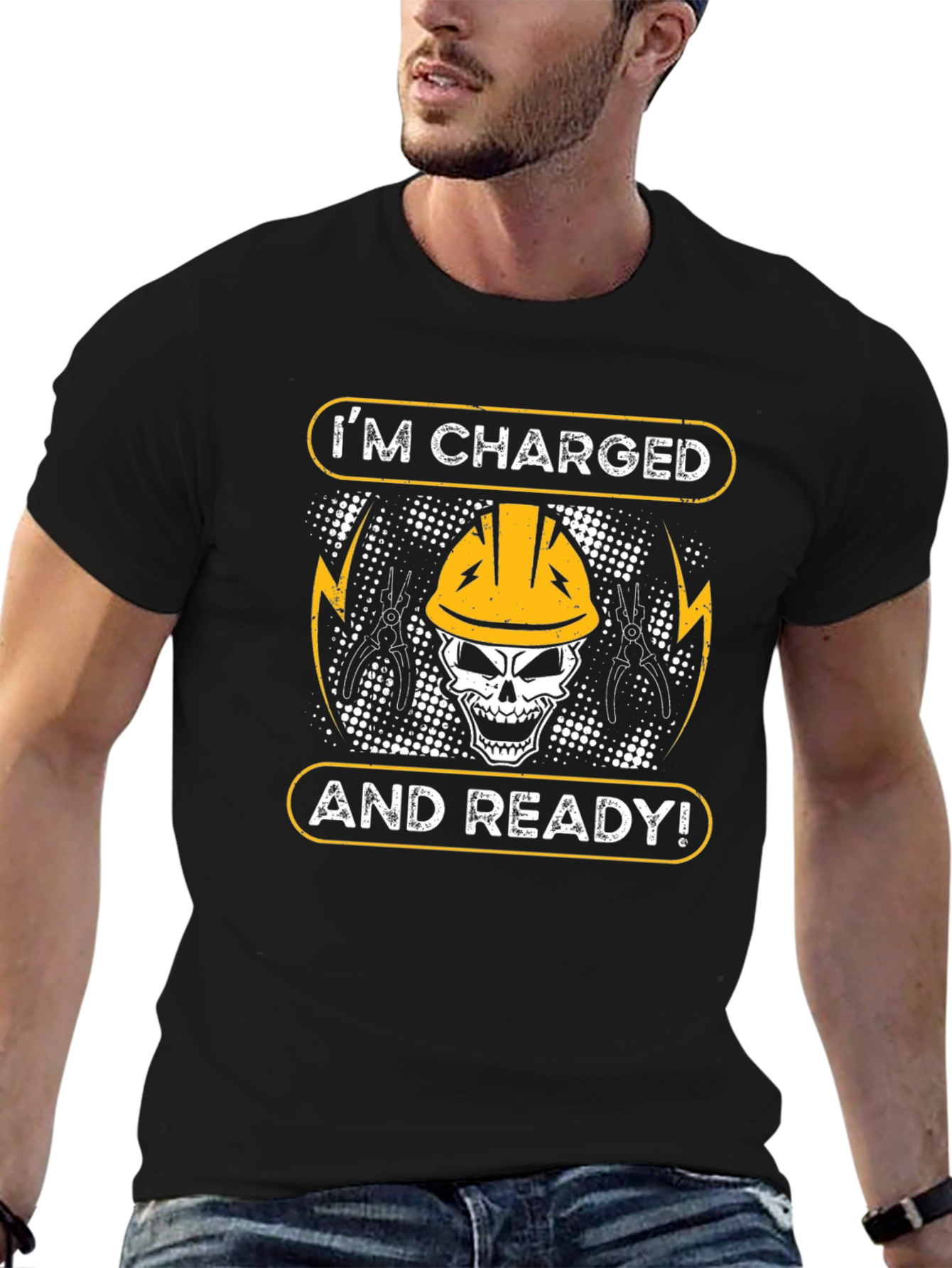 Black I'm Charged and Ready Electrician T-Shirt view 6