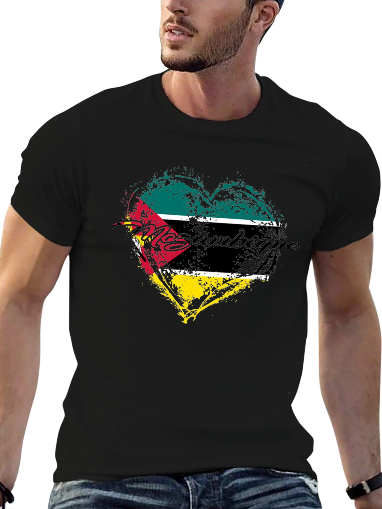 Black Mozambique Flag Heart Graphic T-Shirt - Black view 6