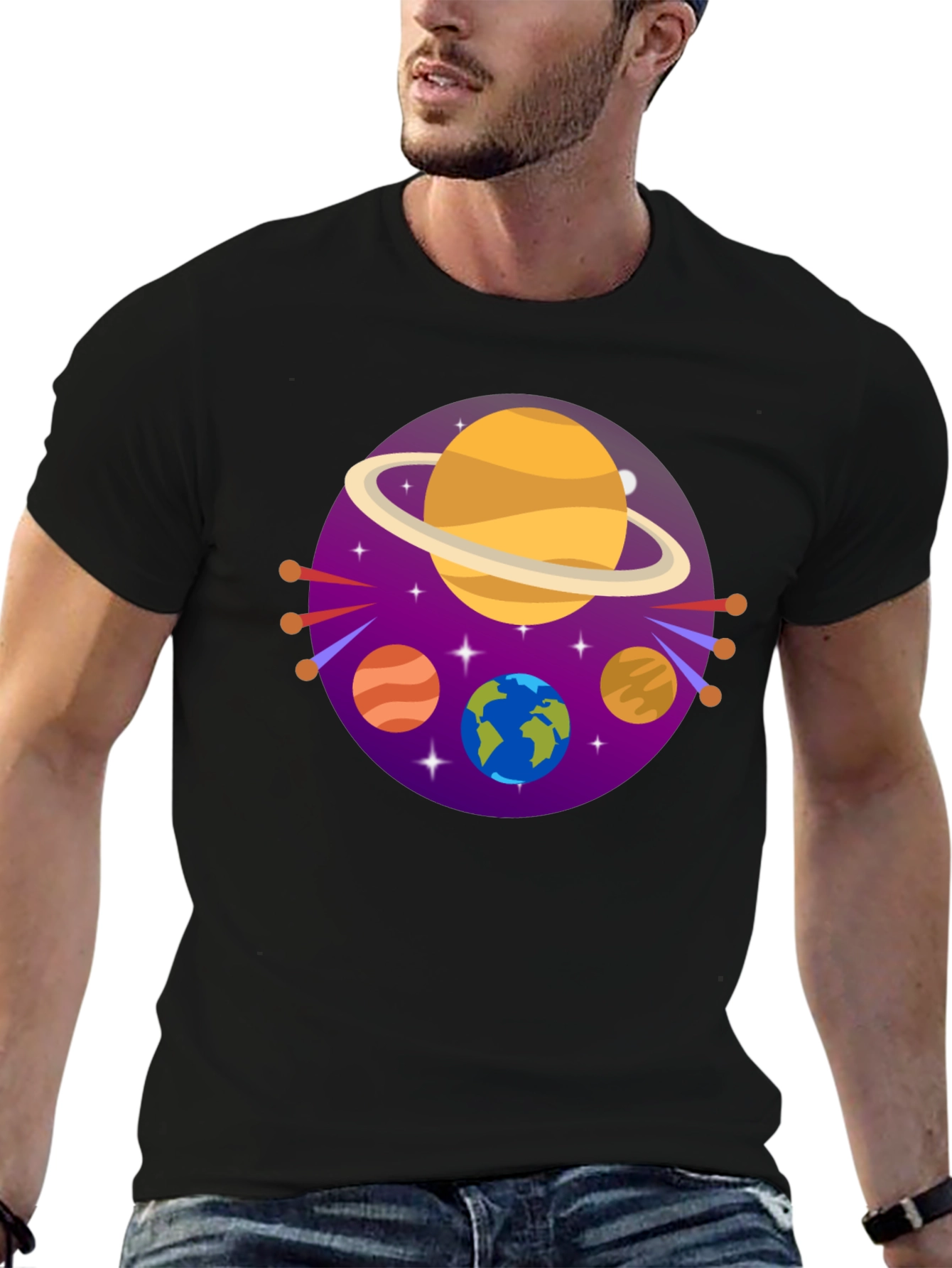 Black Cosmic Planets Graphic Tee - Black Cotton Blend view 6