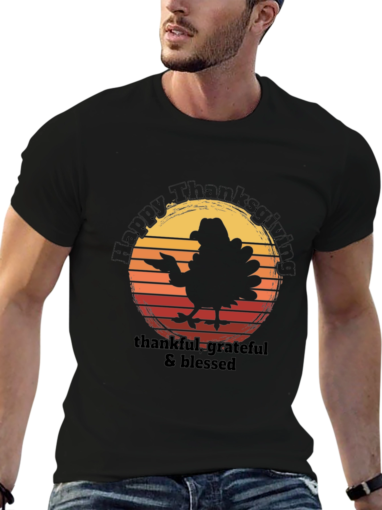 Black Happy Thanksgiving Turkey Graphic T-Shirt view 6