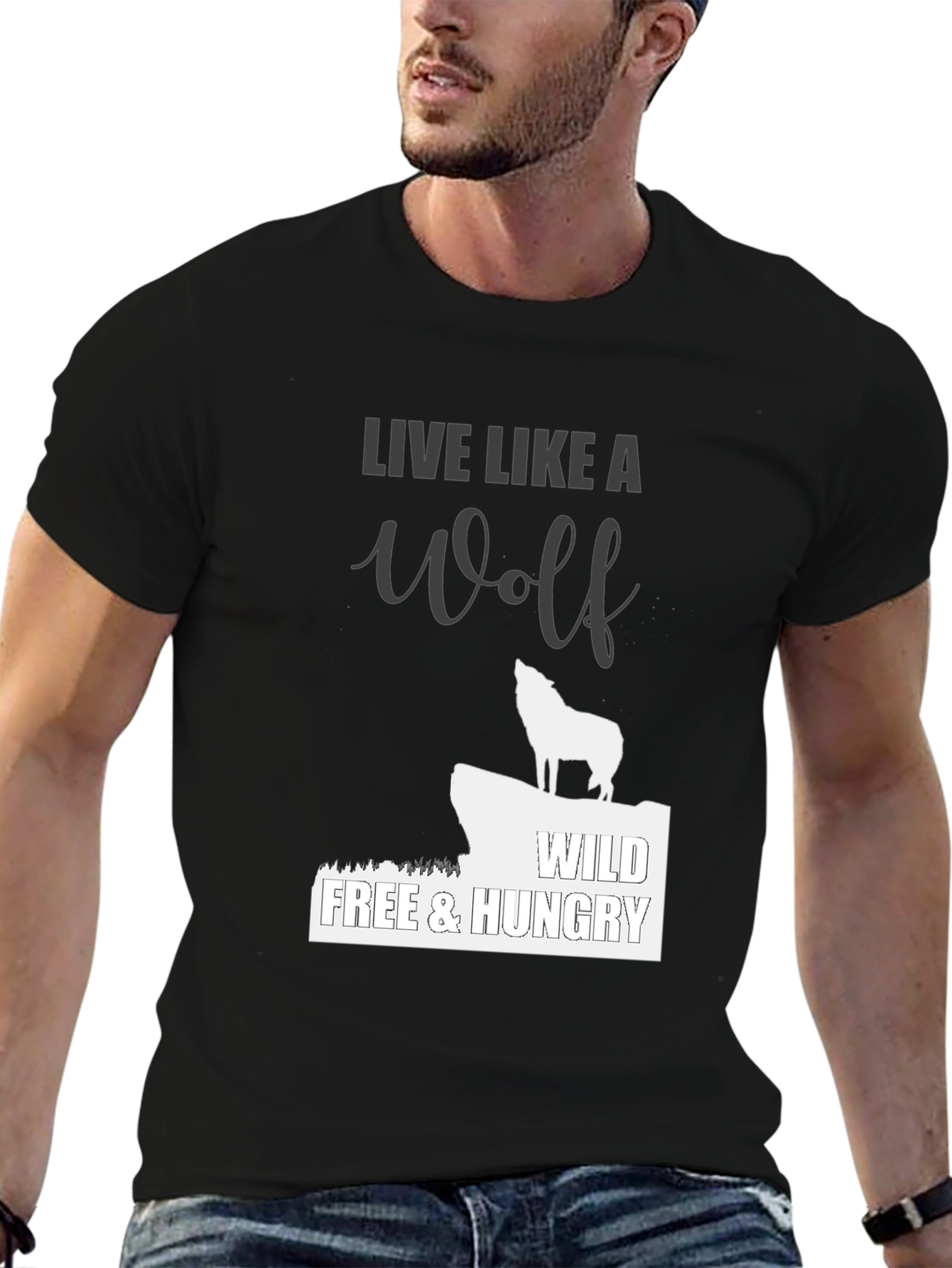 Black Live Like a Wolf Black T-Shirt - Wild, Free, Hungry view 6