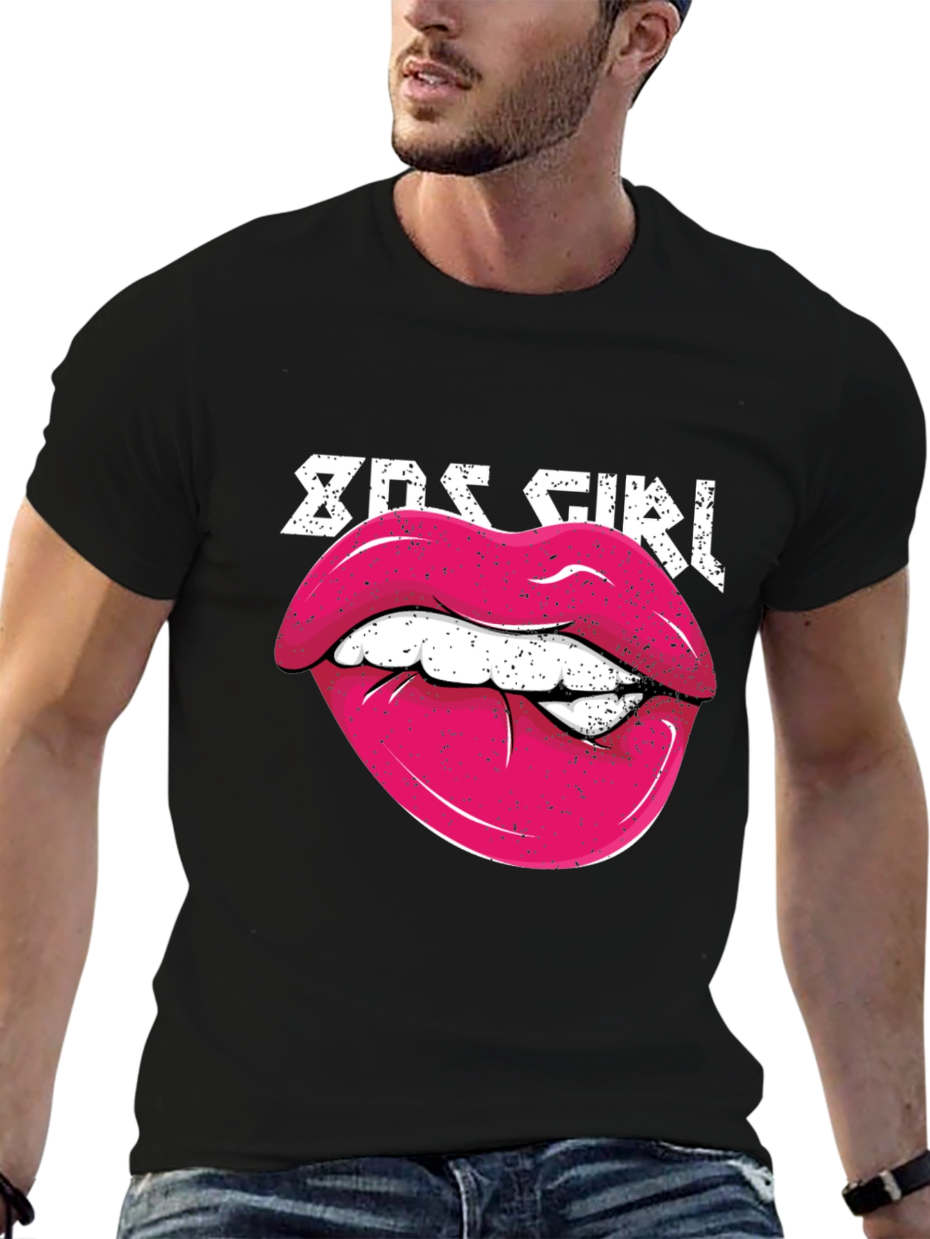 Black 80s Girl Lips Graphic Tee - Retro Style Shirt view 6