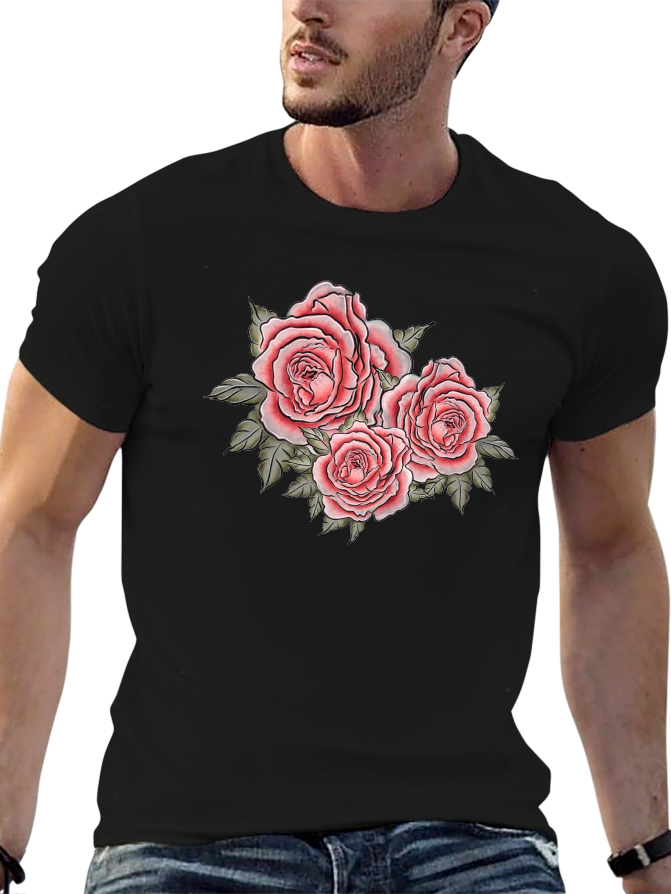 Black Floral Roses Graphic Black T-Shirt view 6