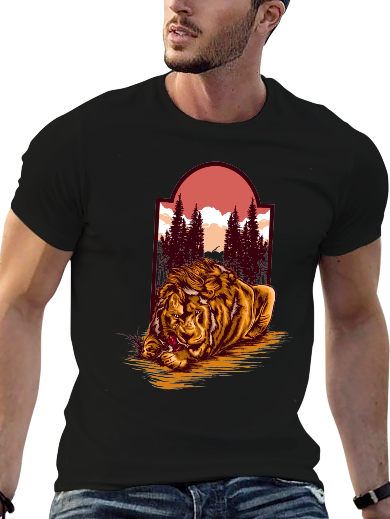 Black Lion & Landscape Graphic Tee - Unique Design view 6