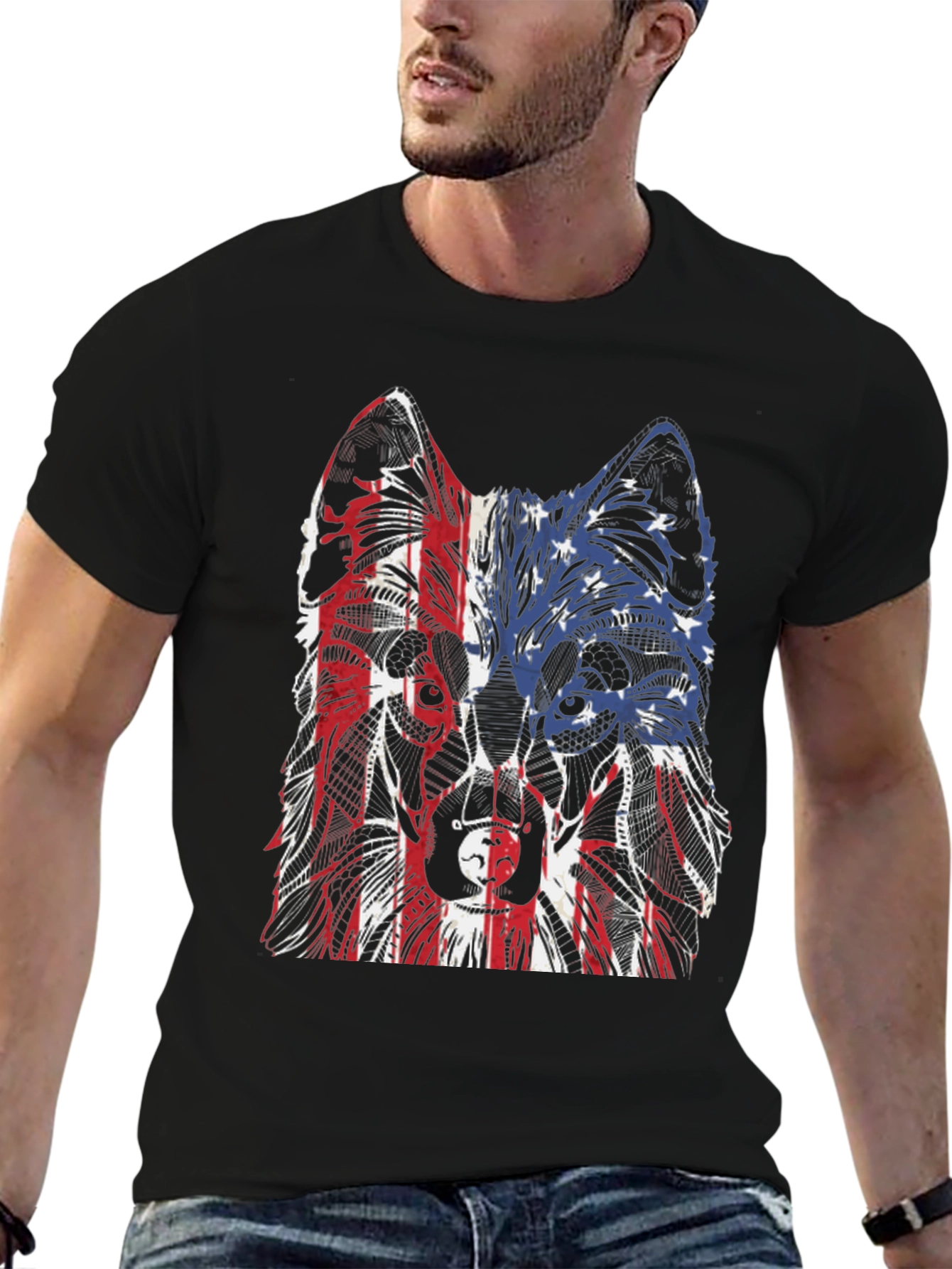 Black Patriotic Wolf Graphic Tee - Unisex Black T-Shirt view 6