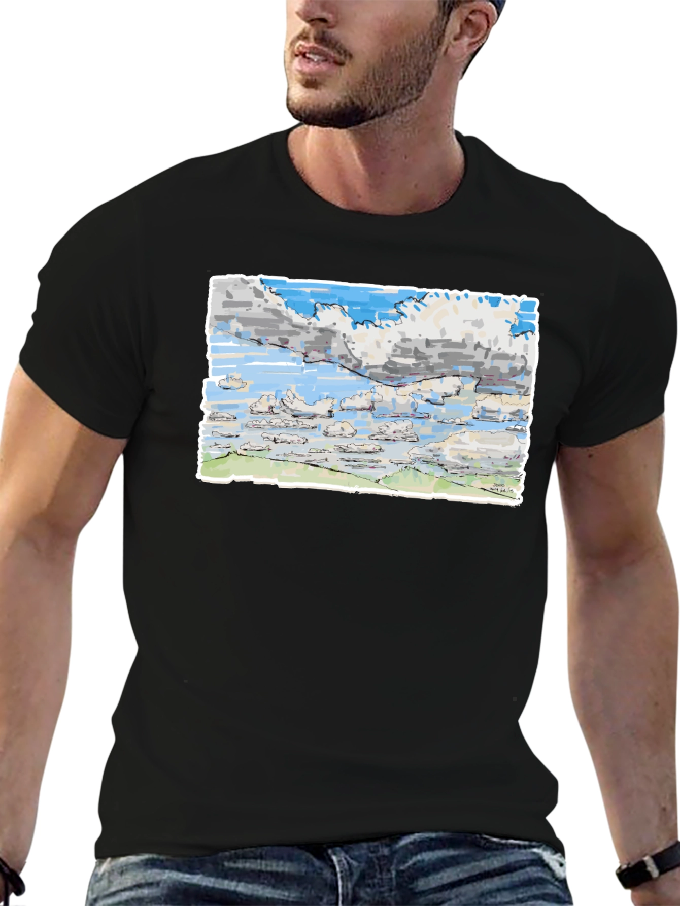 Black Sky Drawing T-Shirt - Artistic Cloud Design view 6