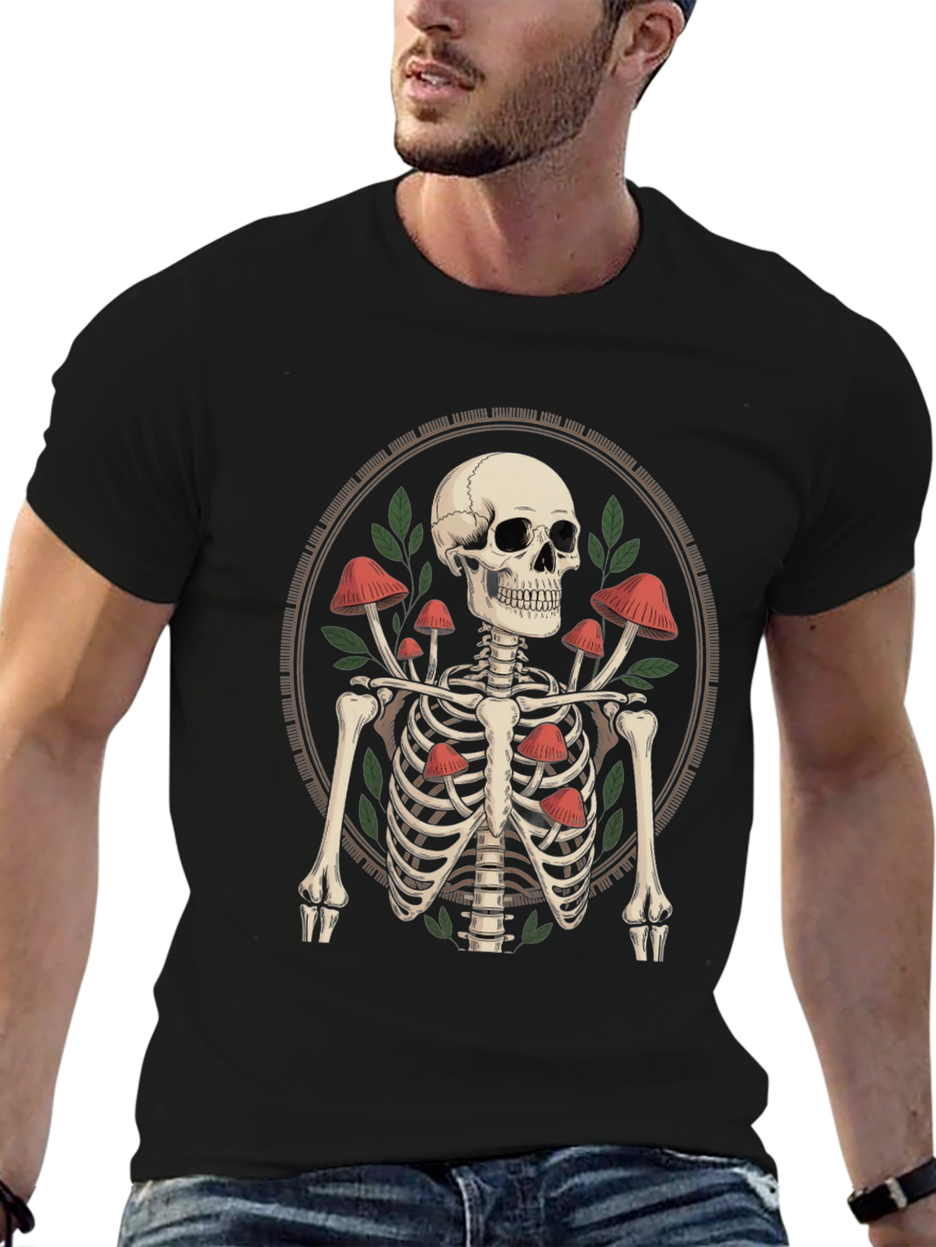 Black Mushroom Skeleton Graphic Tee - Edgy Unisex T-Shirt view 6
