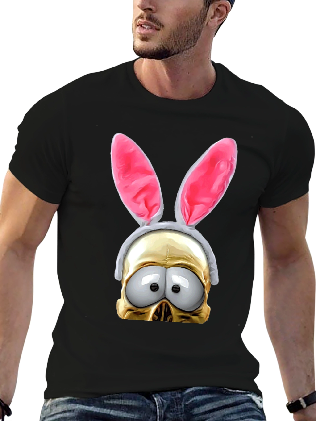 Black Humorous Bunny Skull Graphic T-Shirt view 6