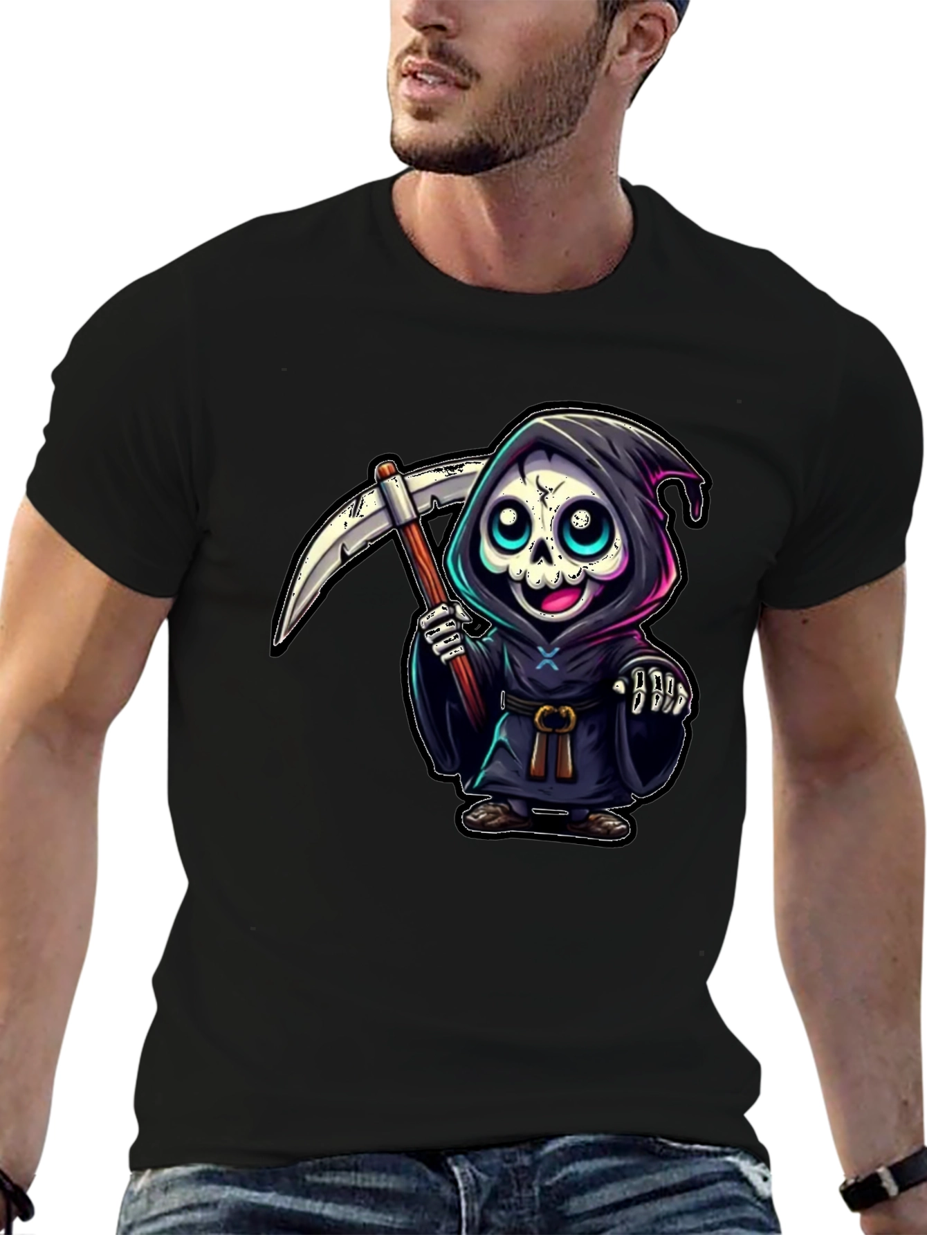 Black Grim Reaper Cartoon Graphic Tee view 6