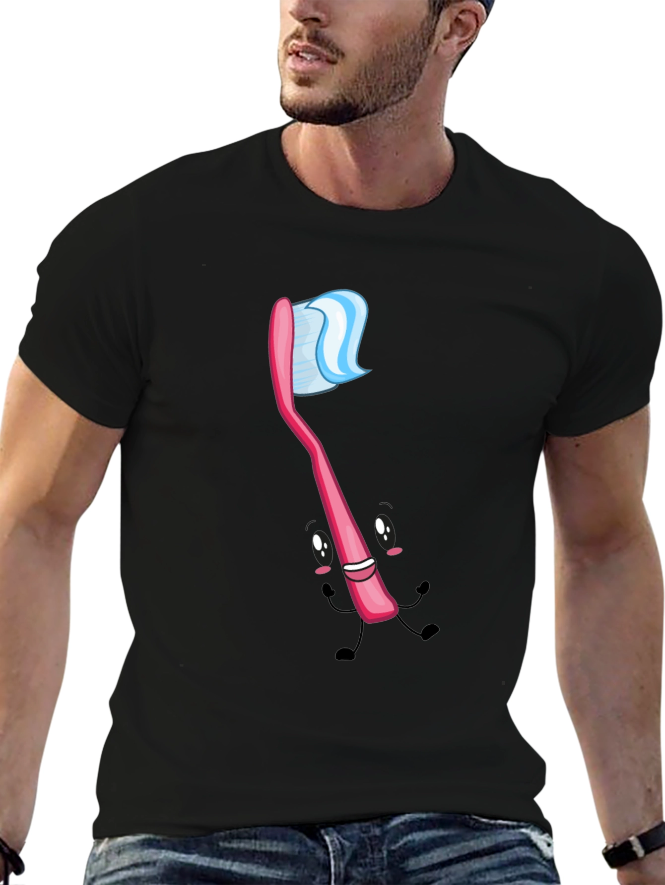 Black Fun Toothbrush Graphic Tee - Black Cotton Blend view 6